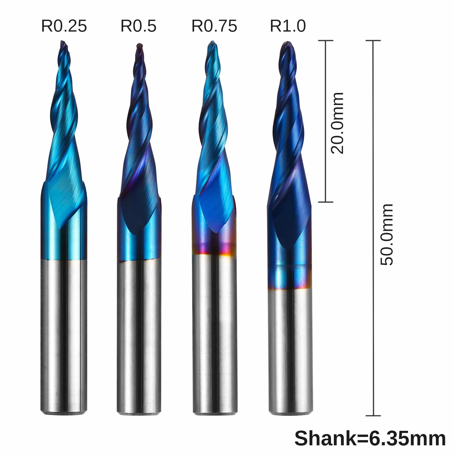 Genmitsu 4 piezas de 2 canales CNC de nariz de bola cónica en espiral, revestimiento nano azul, grabado 2D y 3D, brocas de carpintería, R0.25-1.0, vástago de 1/4 de pulgada, TB04B