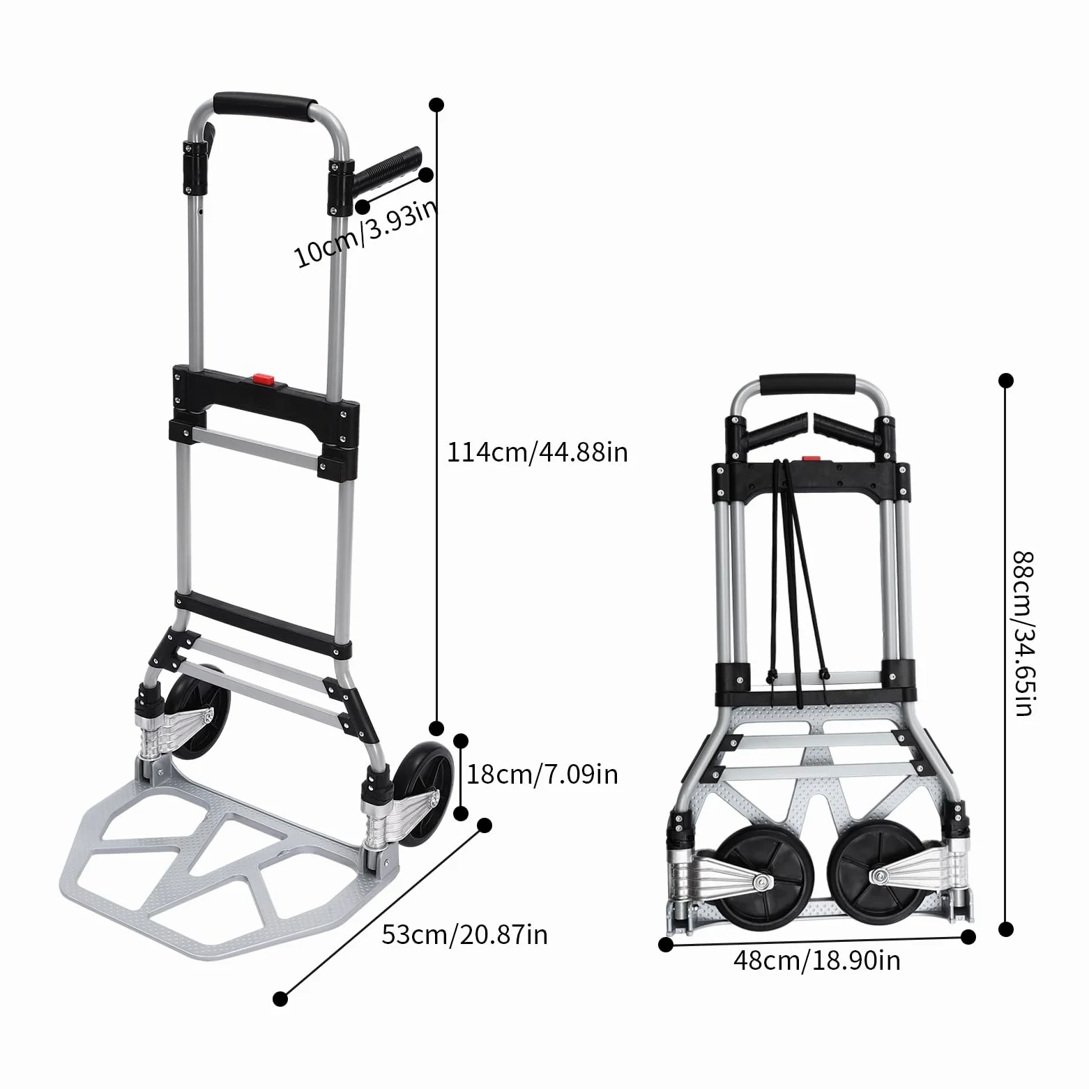 Carretilla plegable de aluminio para cargas pesadas con cuerda, capacidad de carga de 120 kg, gran superficie de carga, carro de equipaje para paquetes, equipaje y compras