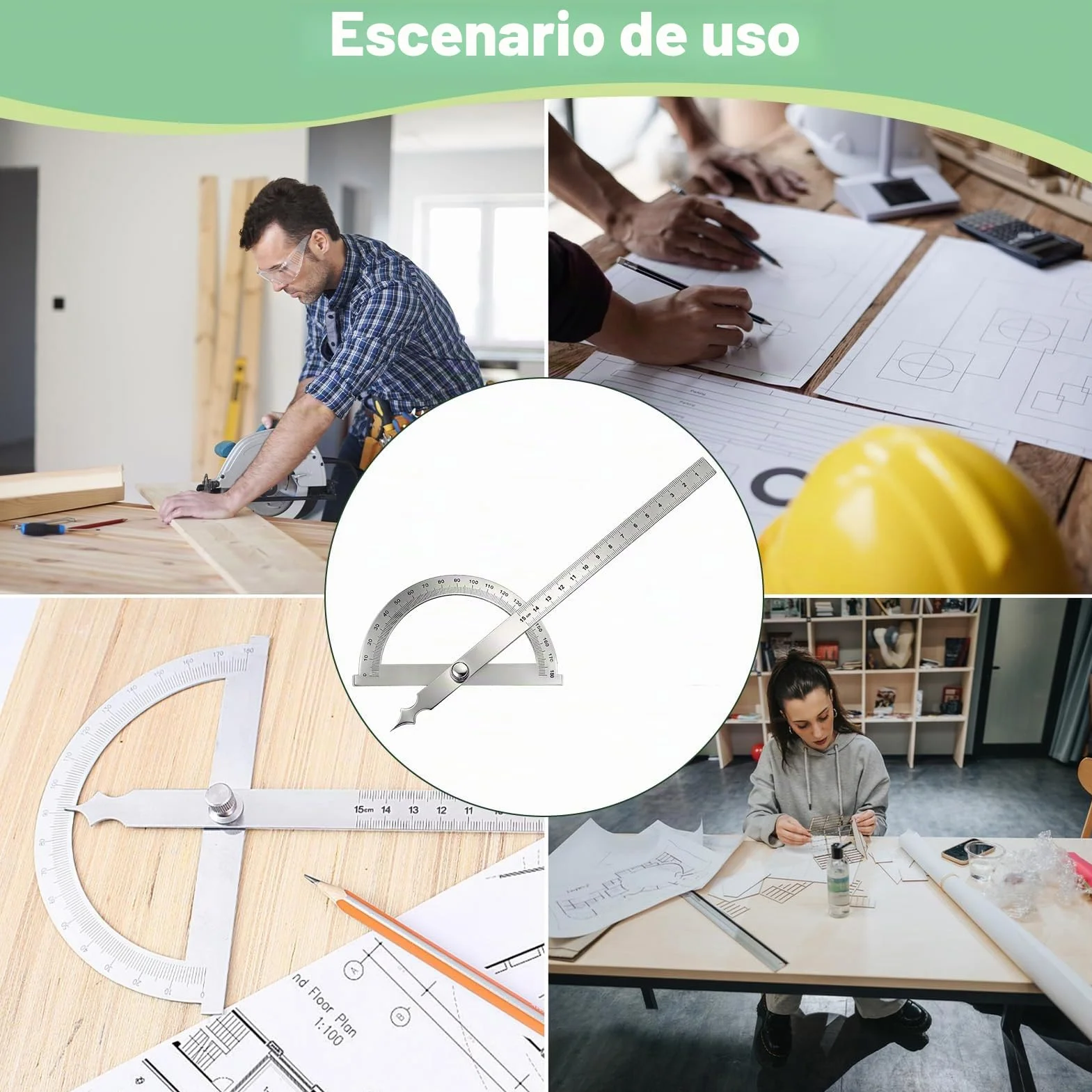 Transportador de Ángulos Metal Acero Inoxidable 15cm Regla Goniómetro Ajustable con Tornillo Fijación Herramienta Medición Carpintería