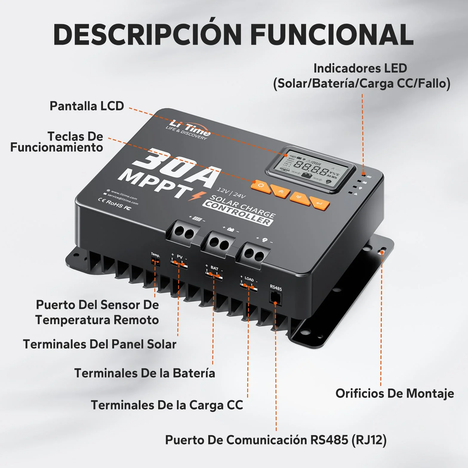 LiTime Regulador de carga solar MPPT de 30 A, 12 V/24 V, con módulo Bluetooth, parámetros de pantalla LCD ajustable, indicadores LED, regulador de panel solar, para batería de litio
