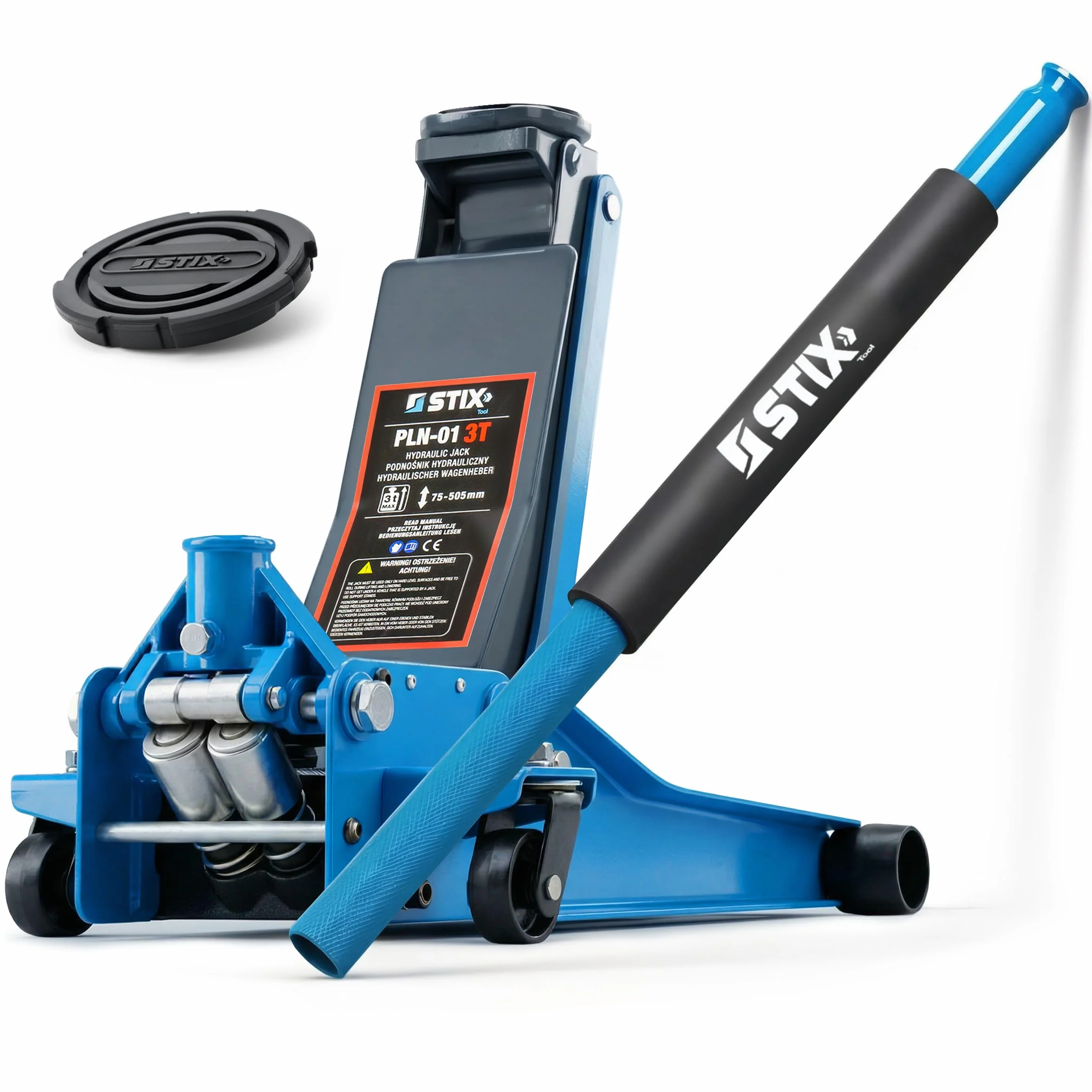 STIX Gato Hidráulico PLN-01 - Capacidad 3T, Perfil Bajo 75 mm, Altura Máxima 505 mm, Construcción Robusta, Doble Bomba, Ideal para Talleres y Uso Doméstico