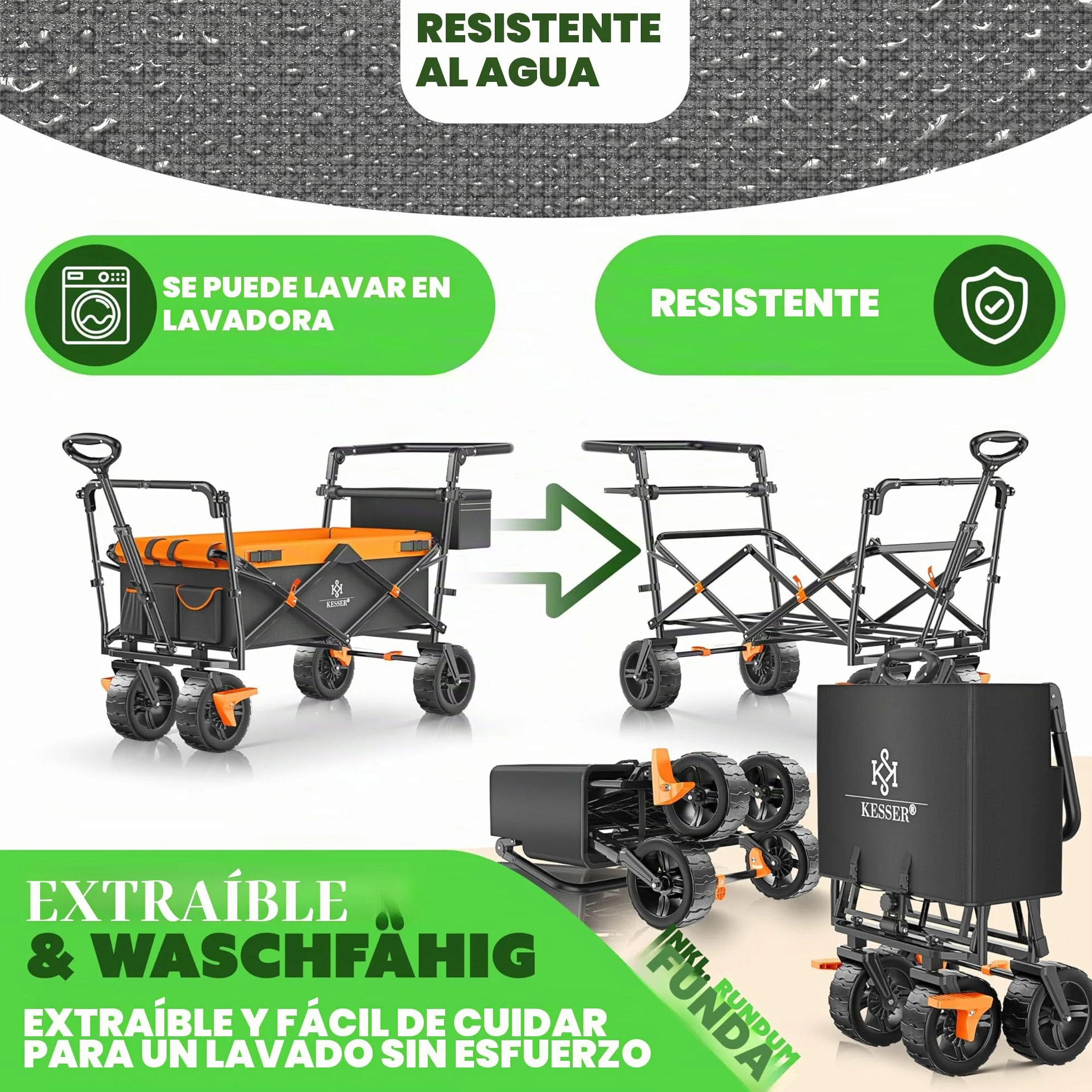 KESSER® Carro plegable GT9000 con techo | Máx. soporta 150 kg, ruedas de goma dura, frenos de estacionamiento (delantero y trasero) | Cerradura, cubierta, clima