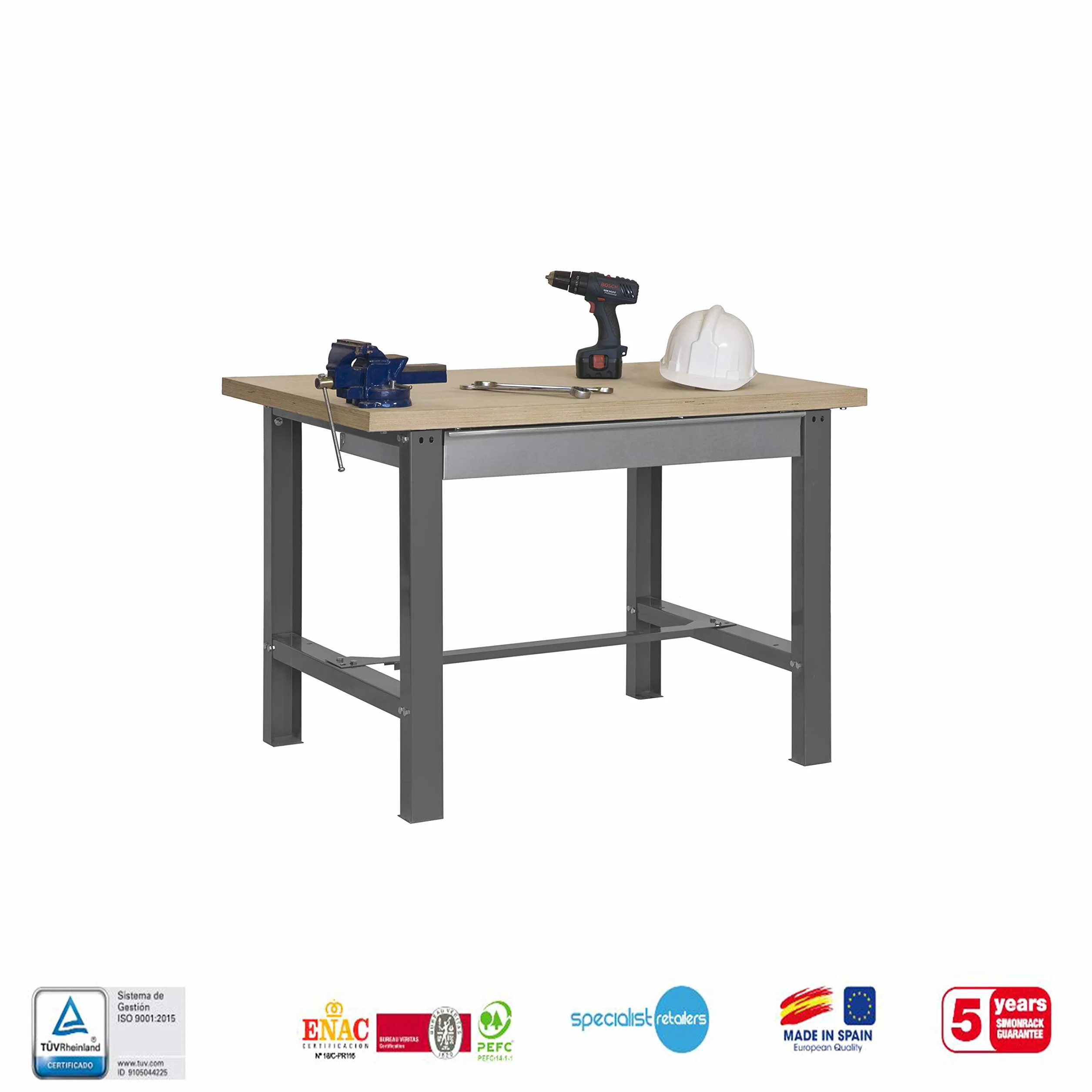 Simon Rack Banco de Trabajo Taller BT6, 600 kg, 865x1200x750 mm, Mesa con Cajón, Gris/Madera MDF