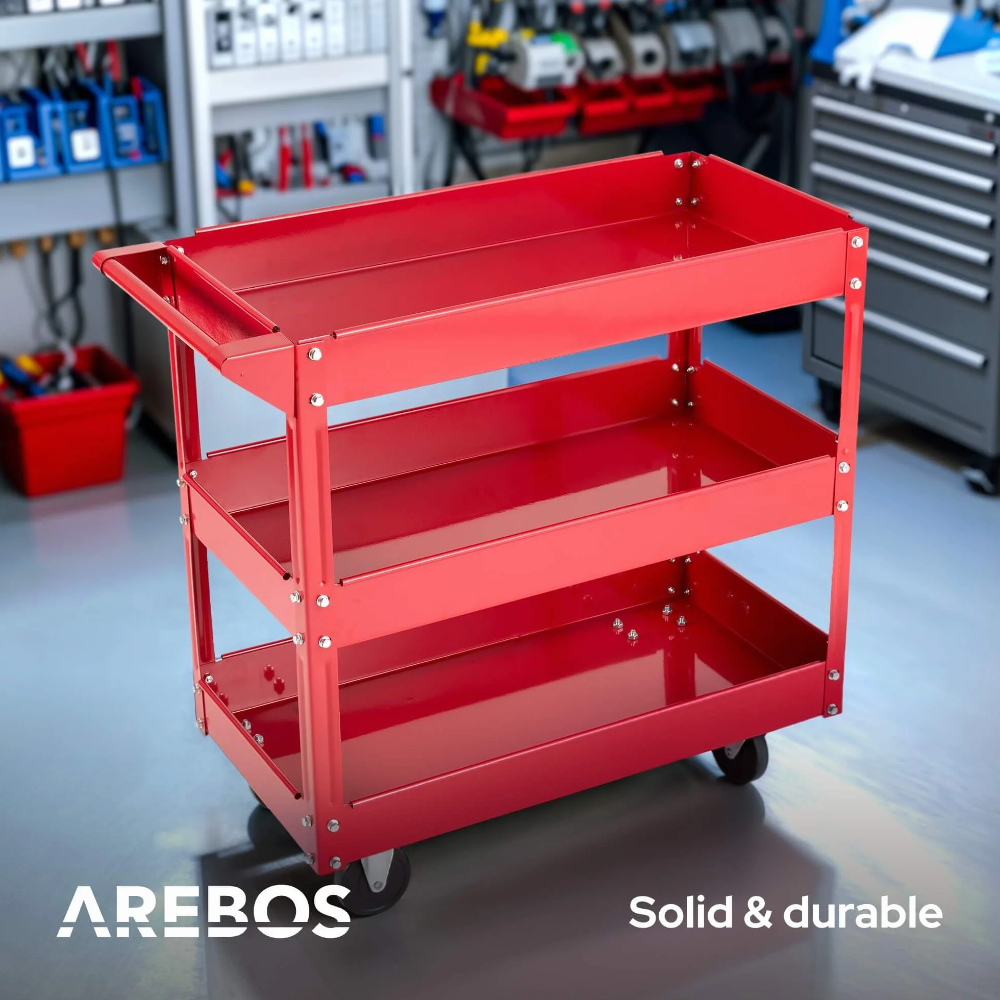 Arebos Juego de 2 Carros de Taller con 3 Estantes | Estructura de Acero Robusta | Capacidad hasta 120 kg | Carro Móvil para Taller, Garaje y Bricolaje