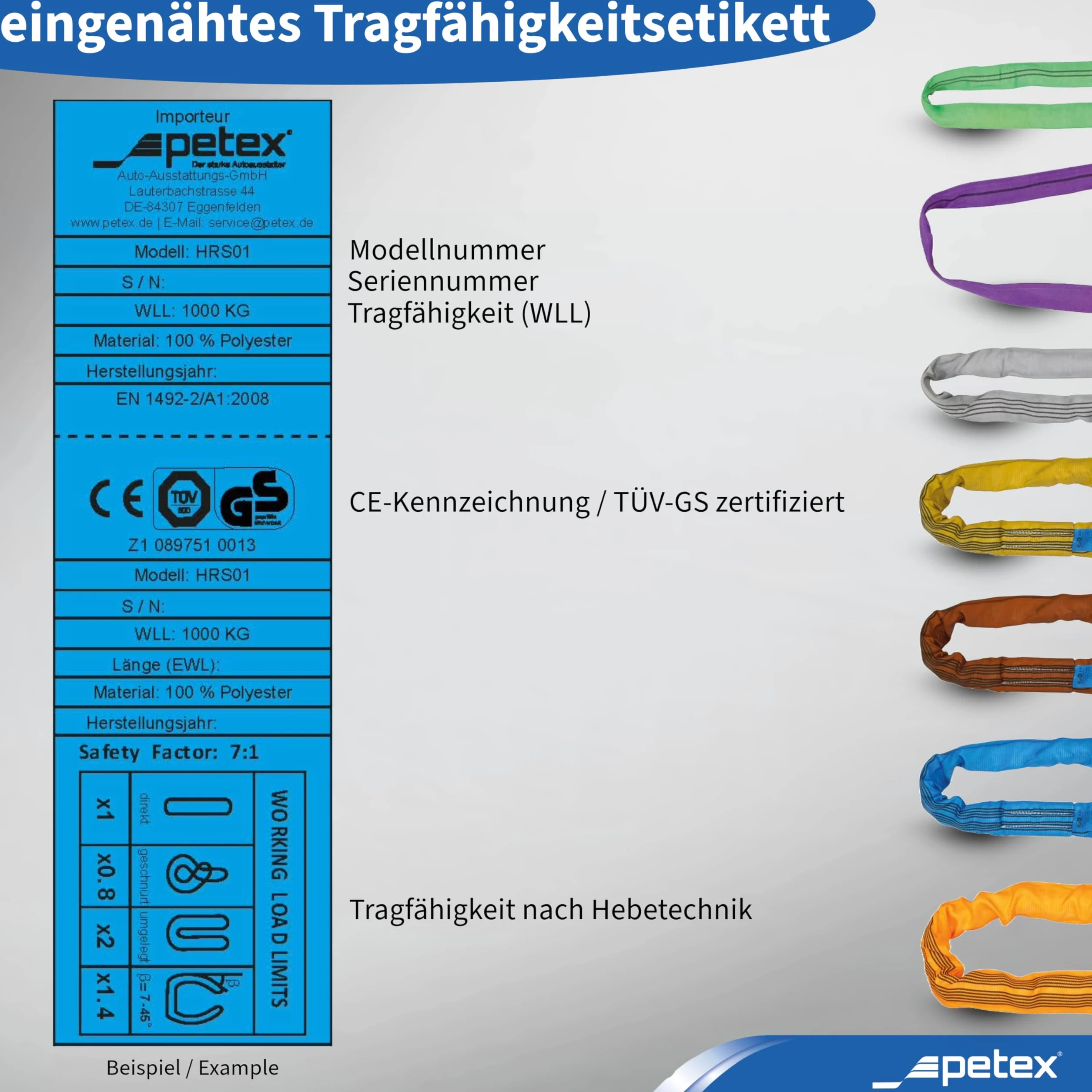 Eslinga WLL 4000 kg, longitud 1 m, 2 m, gris