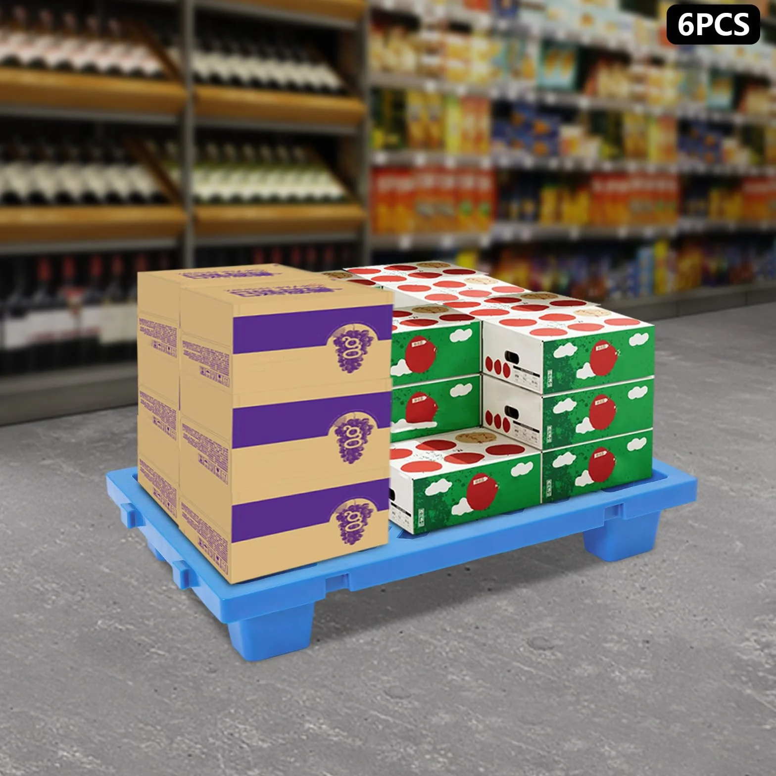 Juego de 6 paletas de plástico, 60 x 40 x 10 cm, apilables, ligeras, con base estriada y conexión a presión, para almacén, logística, exterior, cocina, trastero, hasta 100 kg (azul)