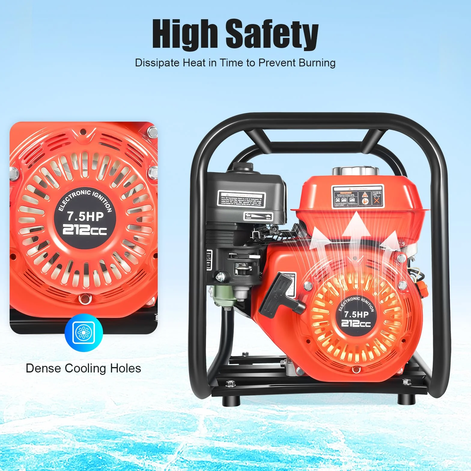Bomba de agua de gasolina de 7,5 CV, bomba de jardín, bomba de estanque, motor de 4 tiempos, cilindro único, 3600 rpm, 30 m, altura de extracción de 2 pulgadas, diámetro de entrada, volumen de
