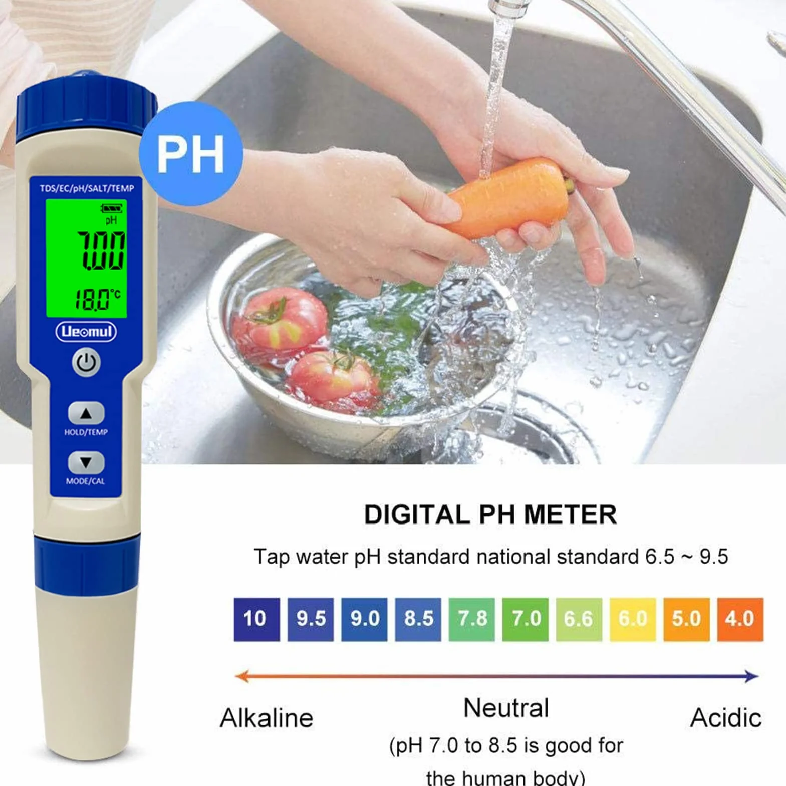 Medidor pH digital 5 en 1 TDS EC Salinidad Temperatura IP67 impermeable