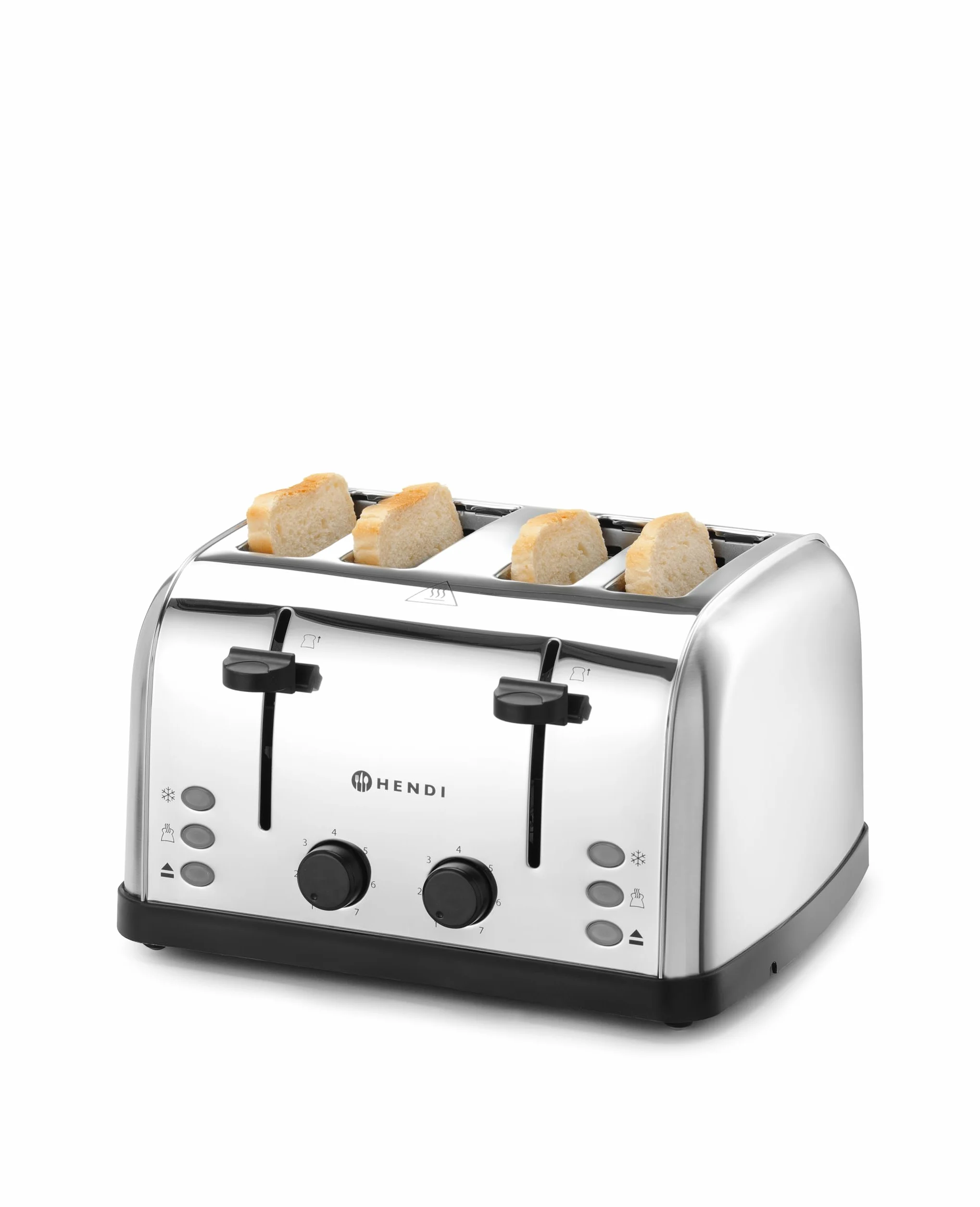 HENDI Tostadora de pan, 4 ranuras extra anchas, 2 zonas de calentamiento, tostador, 7 niveles de tostado, 3 funciones: tostar, decongelar y recalentar, 240V, 1500W, 295x335x(H)180mm, acero inoxidable