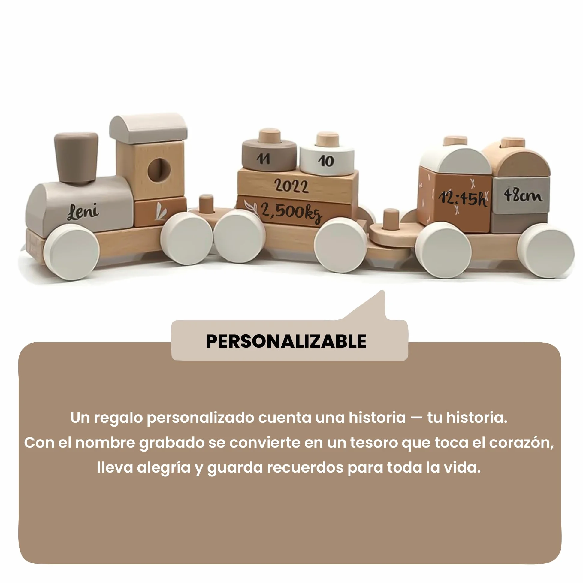 Personalizable Tren Apilable de Madera Nougat 14 Piezas Motricidad Fina Encaje de Formas 18 Meses con Nombre Label Label