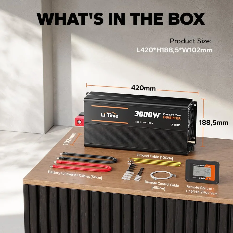LiTime 3000W Inversor Sinsus Puro 12VDC a 230VAC Convertidor para Autocaravana, Camping, inversor de energía Solar con 2 Salidas AC, Pantalla de vigilancia con Pantalla de Estado en Tiempo Real