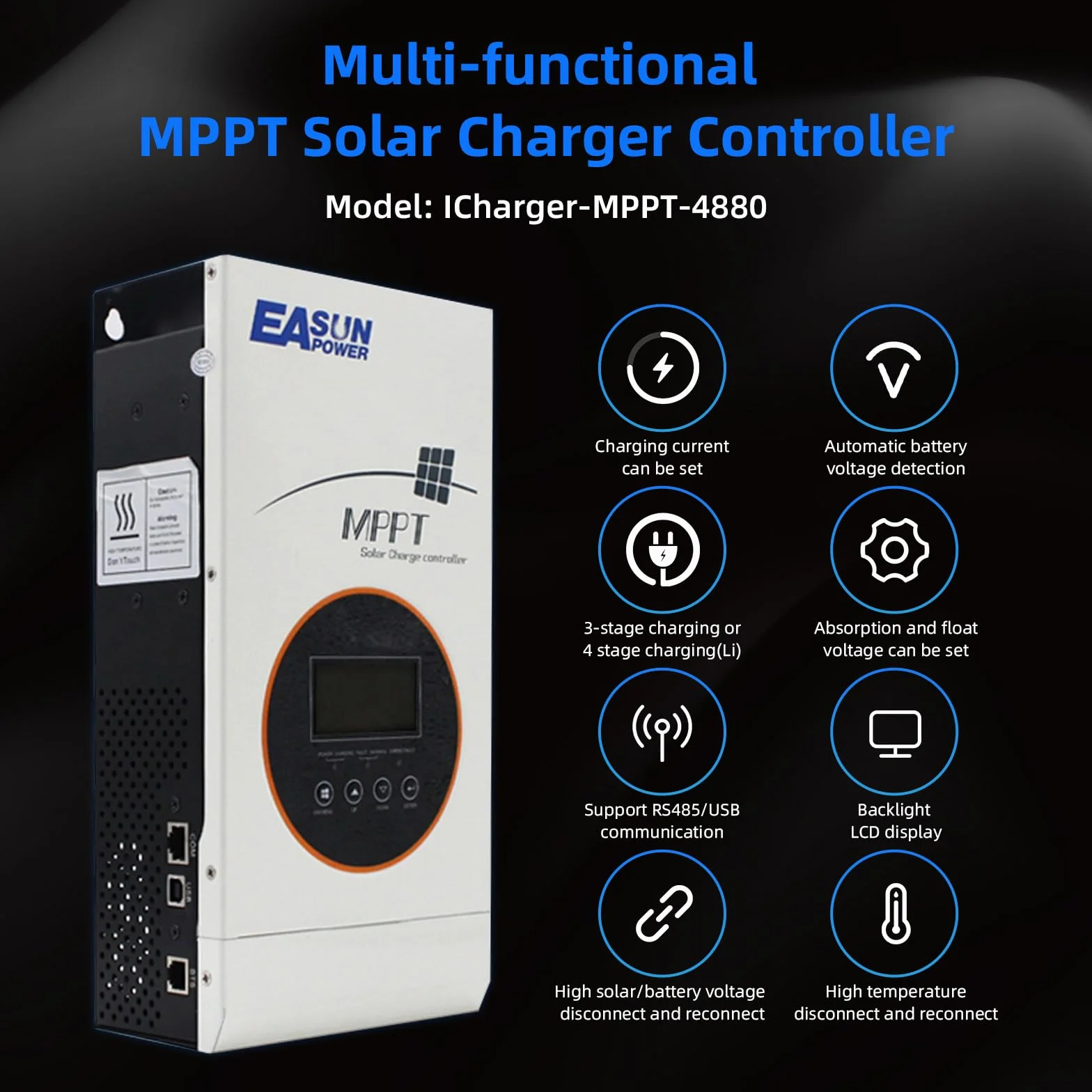 POWLAND 80A MPPT Solar Controlador de Carga MPPT Solar Batería Regulador Inteligente 12v/24v/36v/48v Auto Detección Pantalla LCD ajustable, De Entrada Máxima PV 150v, Para batería AGM/GEL/LiFePO4