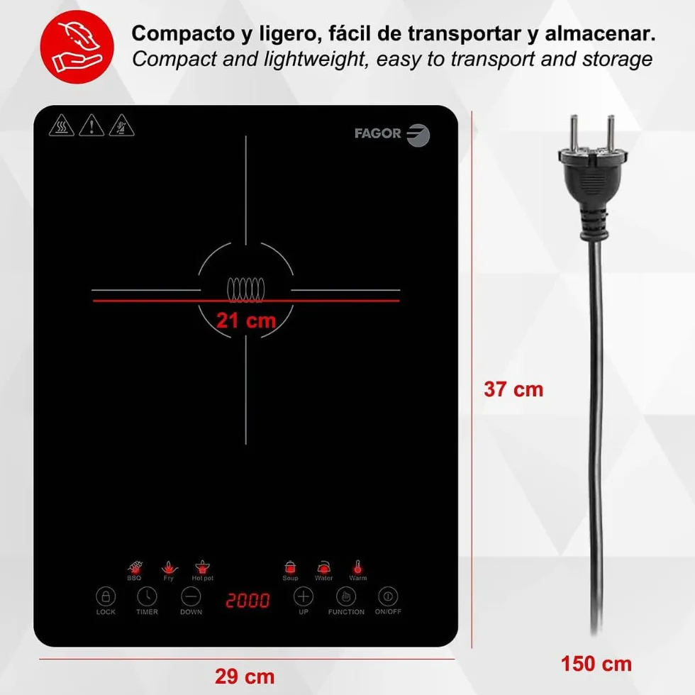 FAGOR Lexie Placa de Inducción Portátil 2000W Ultra Slim con Pantalla Táctil