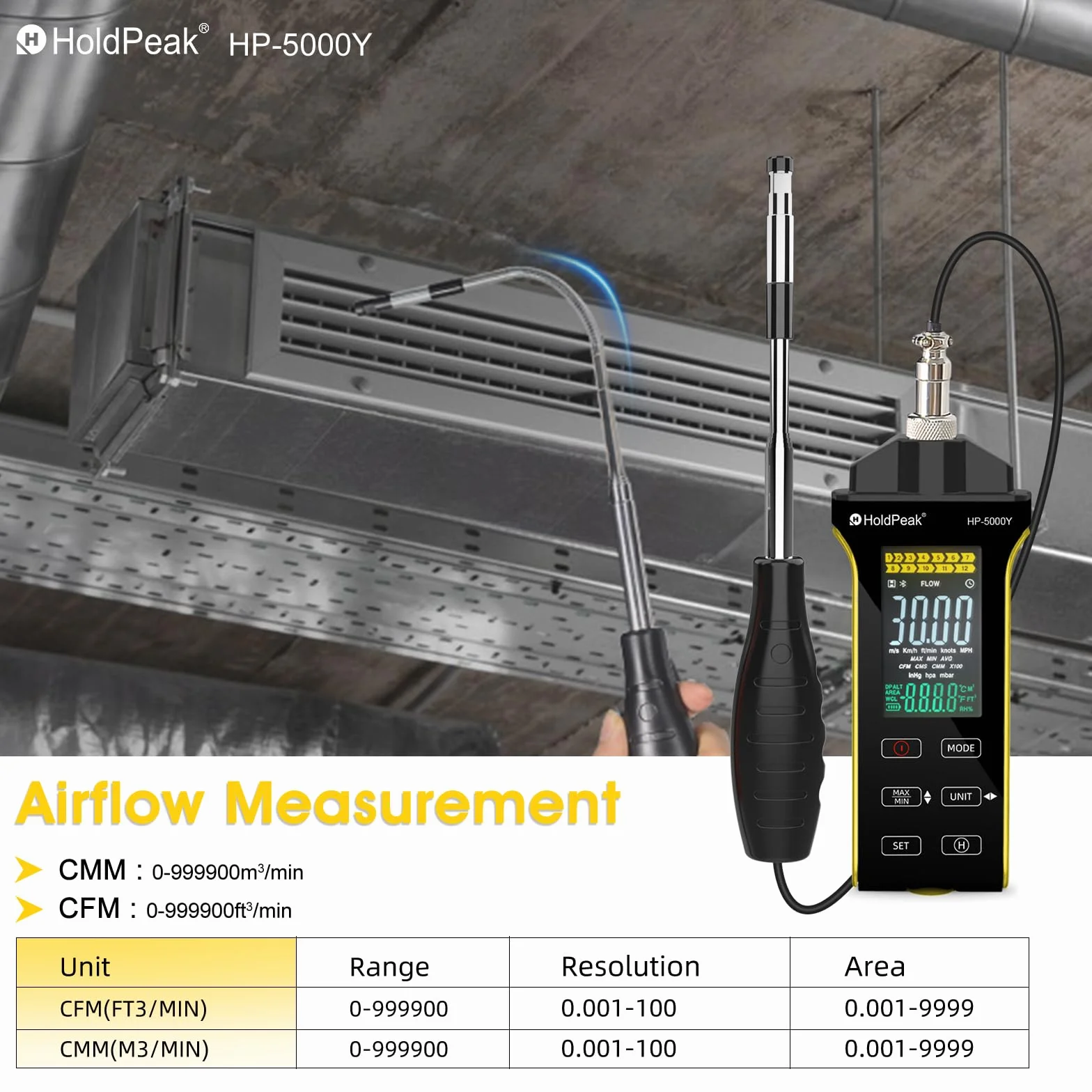 HOLDPEAK Anemómetro digital de alambre caliente CFM CMM medición temperatura sonda telescópica pantalla iluminada USB