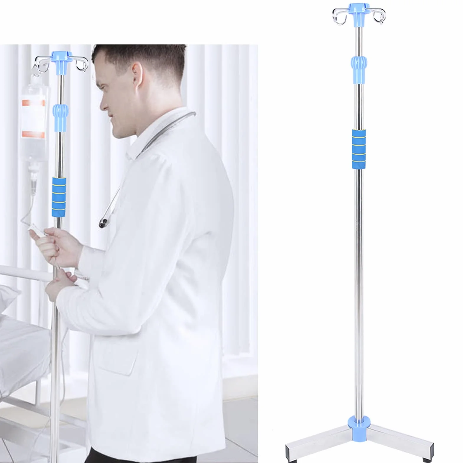 Soporte para Poste Intravenoso, portátil plegable médico IV fluido bolsa de pie con 4 ganchos y 3 ruedas, altura ajustable de acero inoxidable IV bolsa de pie para los hospitales