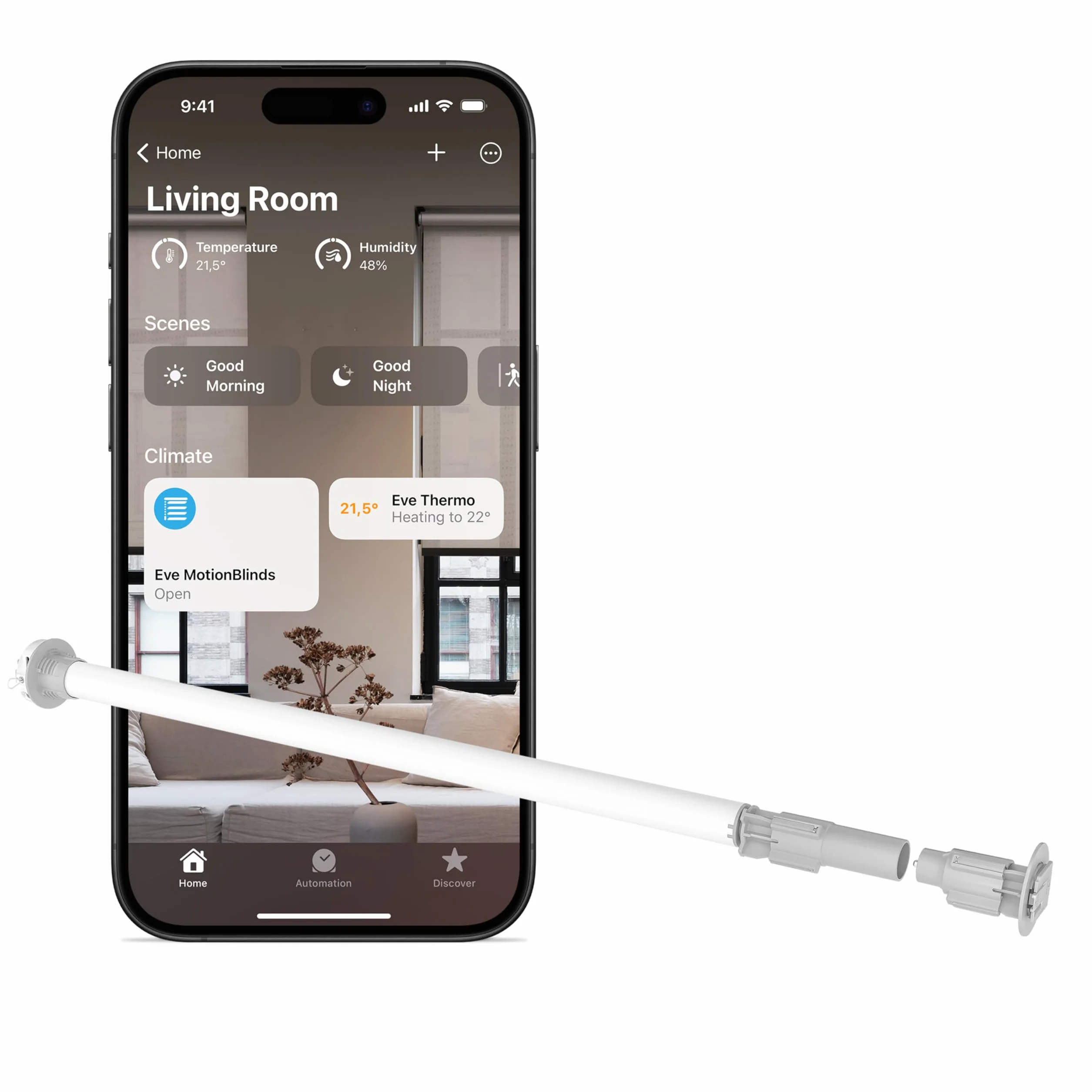 Eve Motionblinds Kit de modernización para estores enrollables (Matter) - Motor para Tubos de diámetro Grande; actualiza Tus estores;req. Router de Borde Thread;Control por Voz/App/automatizado