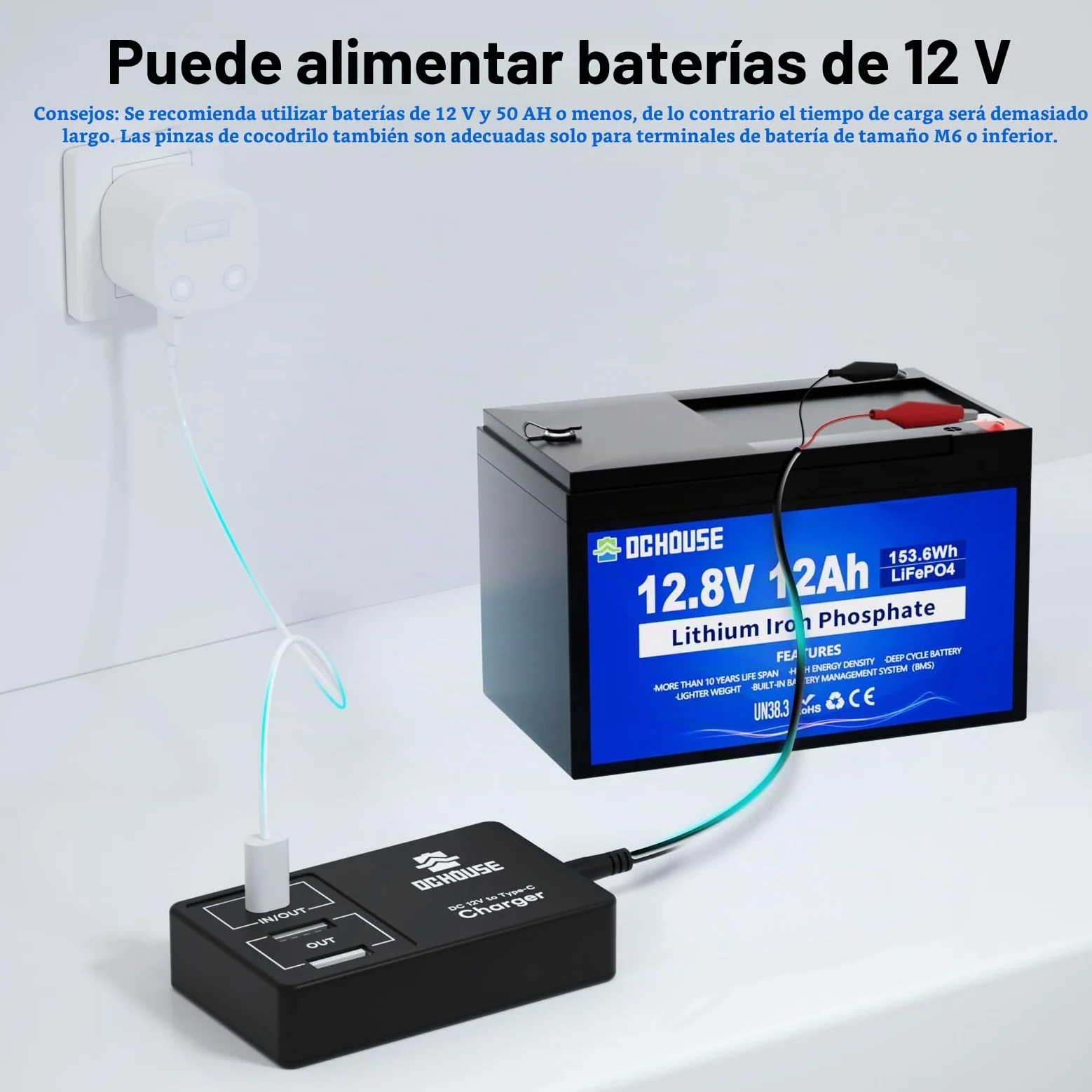 DCHOUSE Batería de Litio LiFePO4 de 12V 12Ah, DC 12V zu Typ-C & USB, con 3000 + Deep Cycle y protección BMS para autocaravanas, carritos de Golf, cortacésped, Panel Solar, Camping