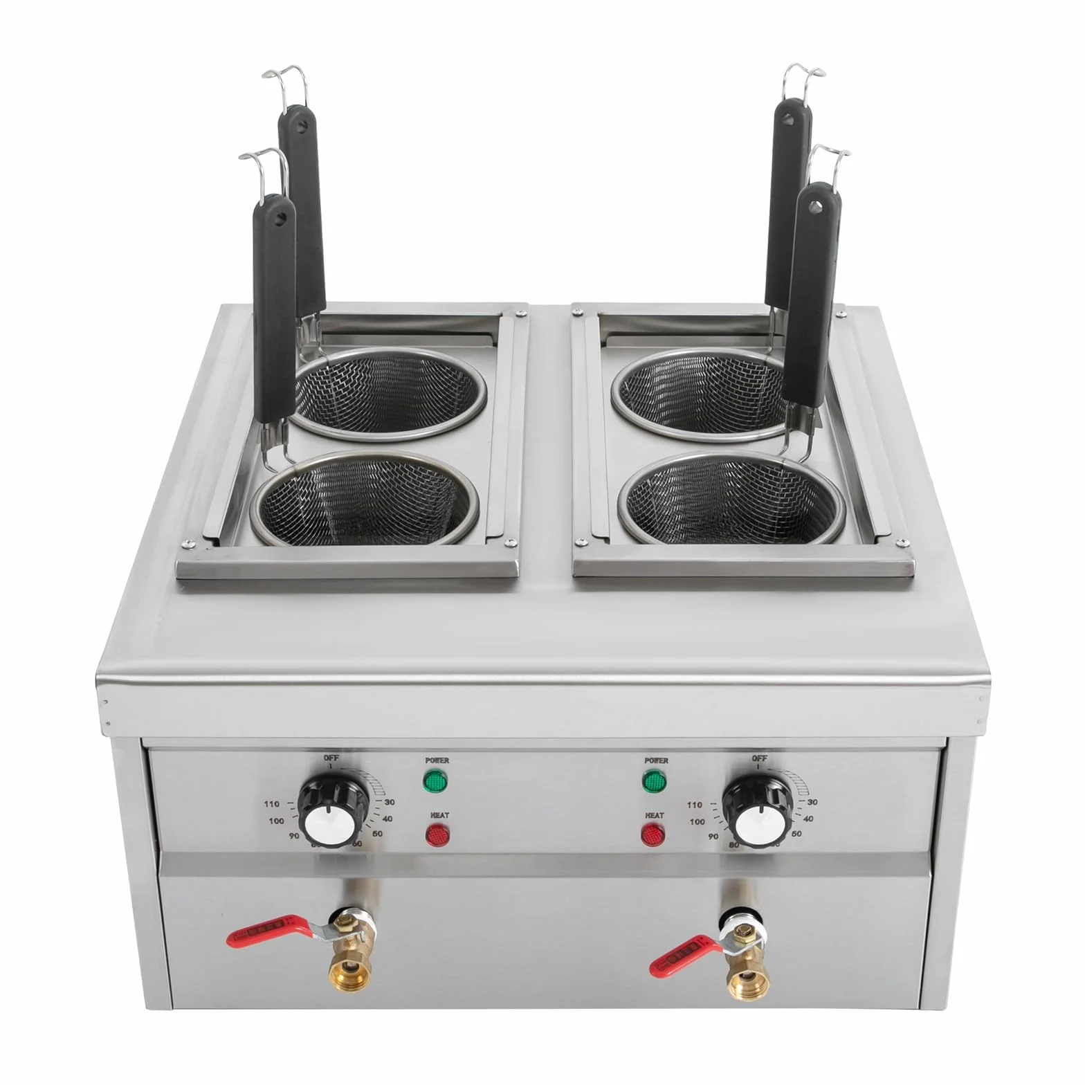 Hervidor de pasta eléctrico, 2 x 2 kW, cómoda máquina de cocinar pasta con 4 cestas de colador, 220 V, diseño de 4 agujeros, capacidad nominal 2 x 9 L, ajustable a 30 – 110 °C