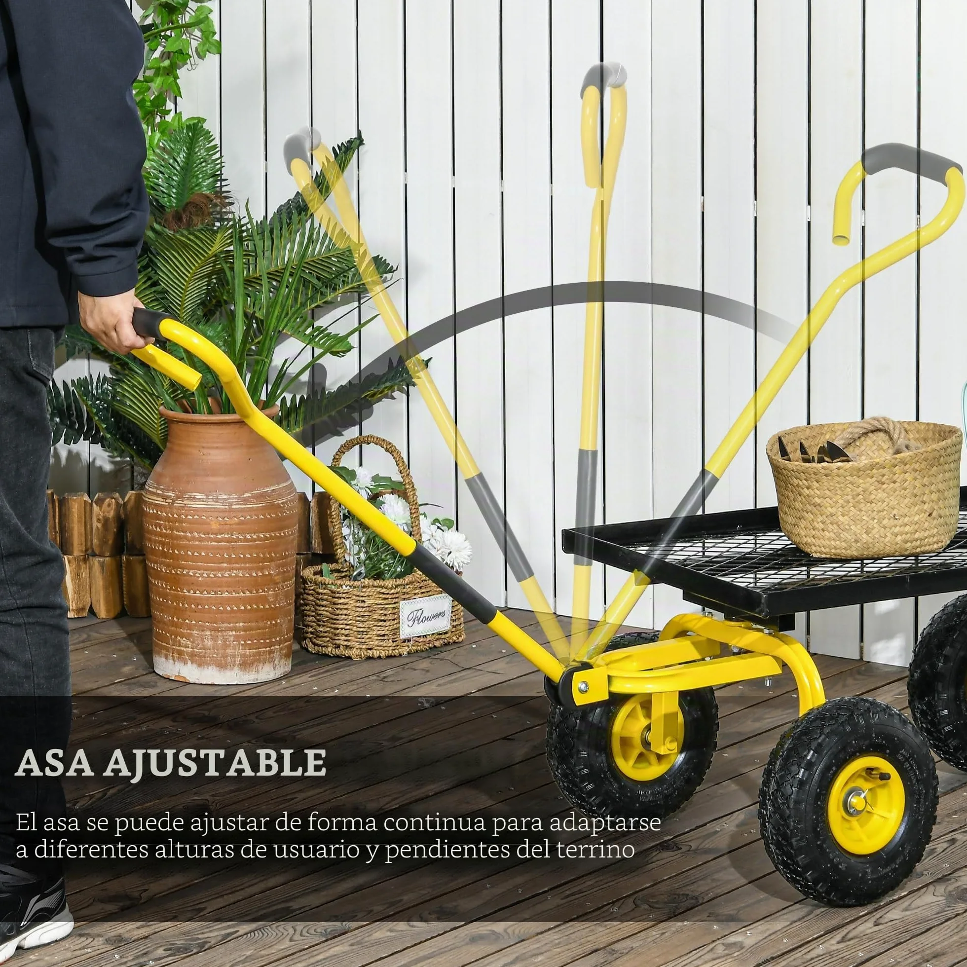 Outsunny Carro de jardín resistente estructura metálica Amarillo | Ruedas neumáticas 10", manija giratoria, capacidad 150kg, para granja