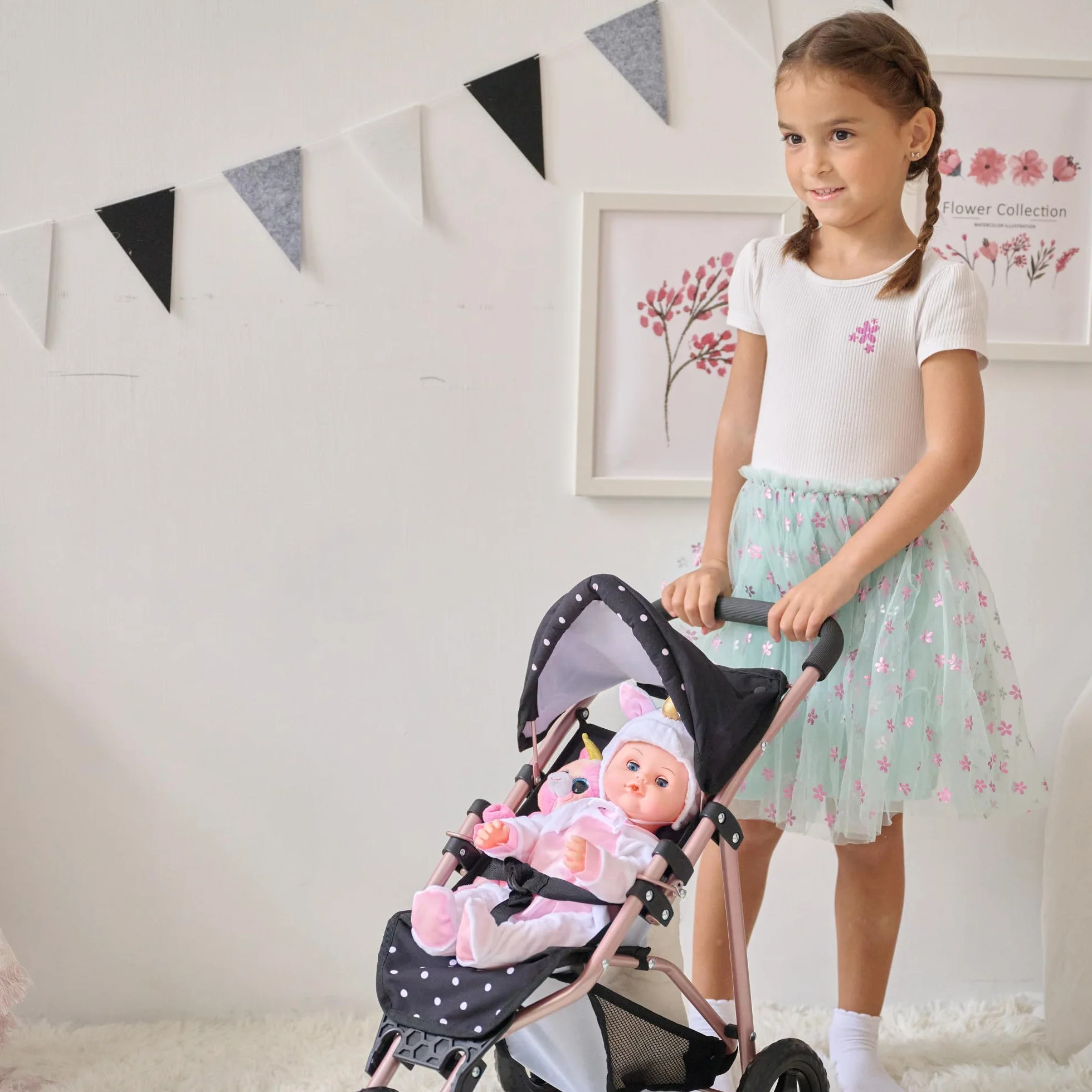 Teamson Kids Cochecito de muñecas Jogging Negro con Lunares Rosas, Capota Ajustable, Arnés, Cesta y Mango Suave