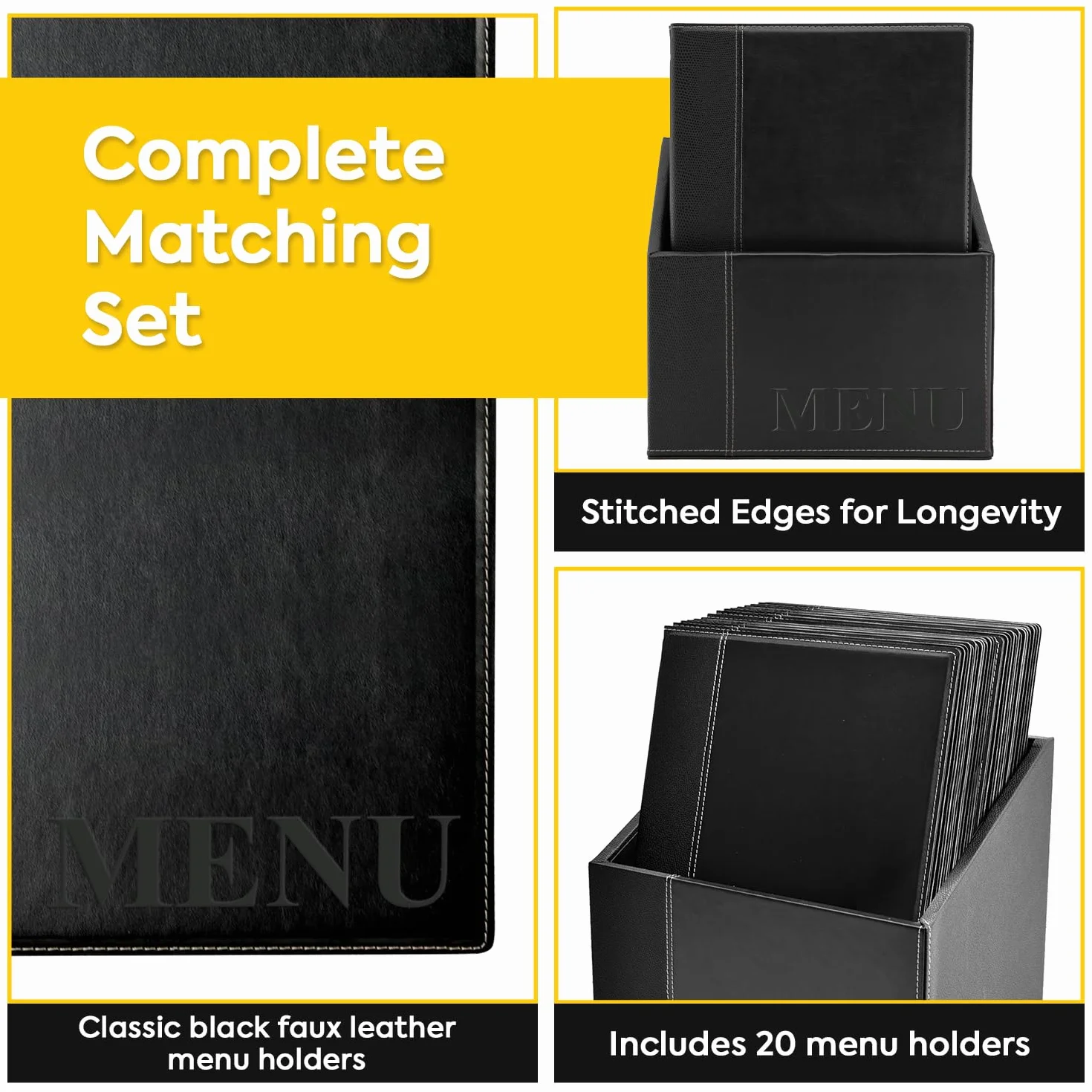 SECURIT - Set de 20 Portamenús Trendy Line con Caja de Exhibición - 1 Inserto Fijo Doble Cara = 4 Páginas A4 - Posibilidad de Añadir Insertos - Café, Bar, Restaurante - Imitación Cuero PU - Negro