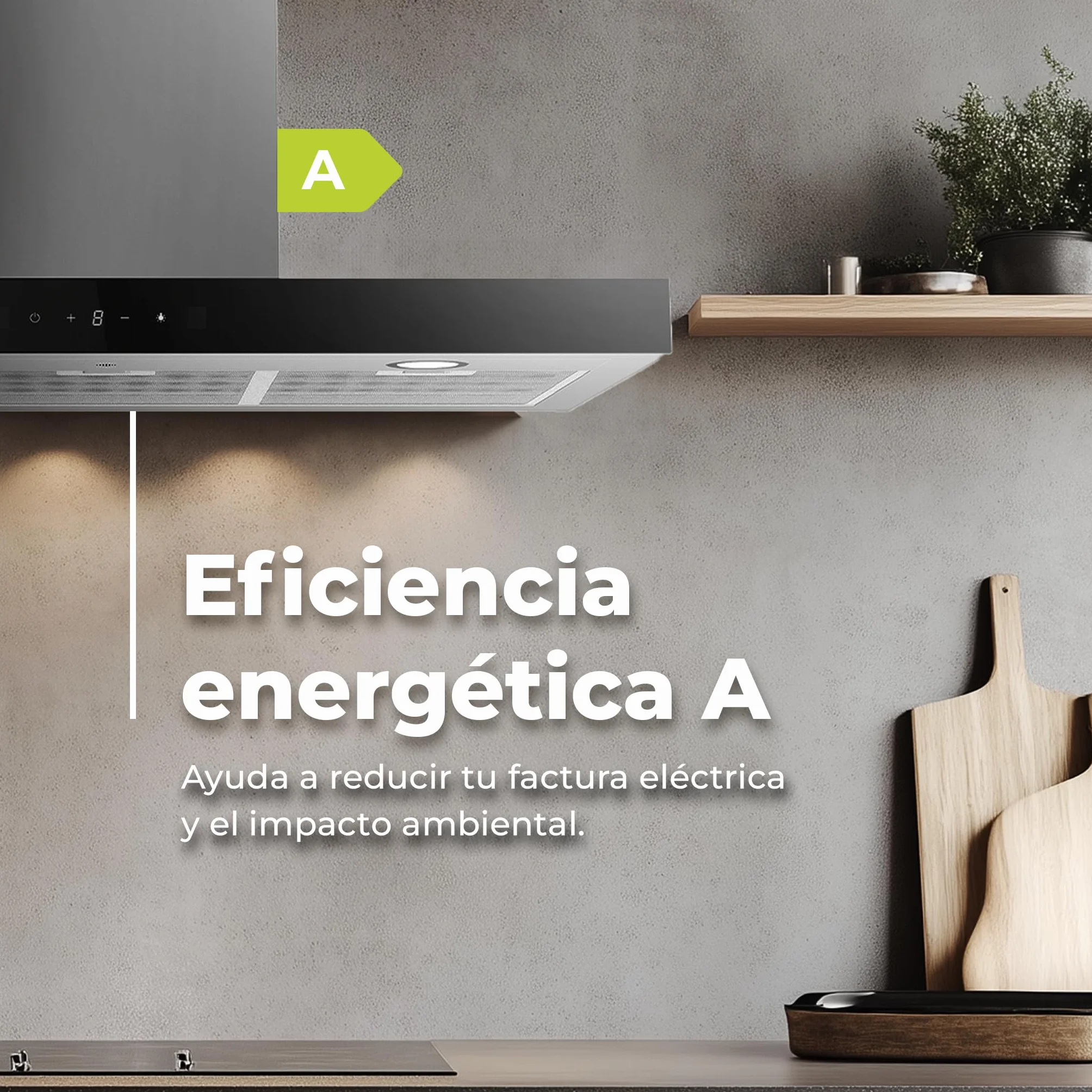 EVVO Campana Extractora Decorativa CE36 90 cm 650 m³/h Inox borde negro 3 Velocidades Control Táctil Temporizador Eficiencia A