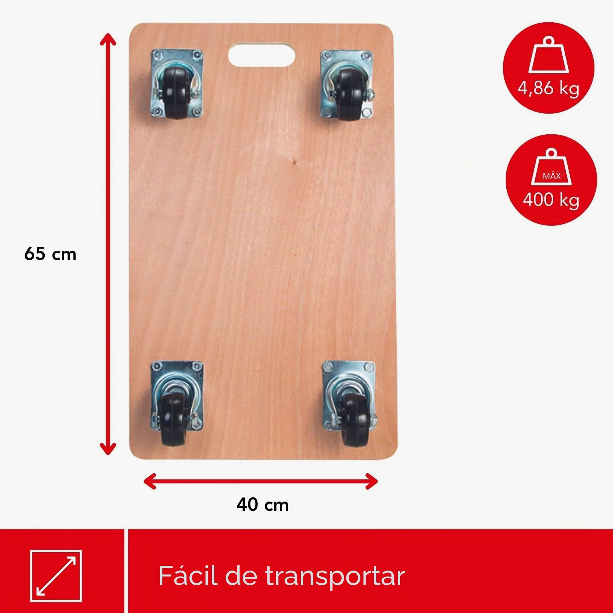 Toolland Plataforma con Ruedas para Muebles, Ayuda de Transporte 400 kg, Base de contrachapado 65 x 40 cm, Revestimiento Antideslizante, asa y 4 Ruedas giratorias de Goma, mudanzas