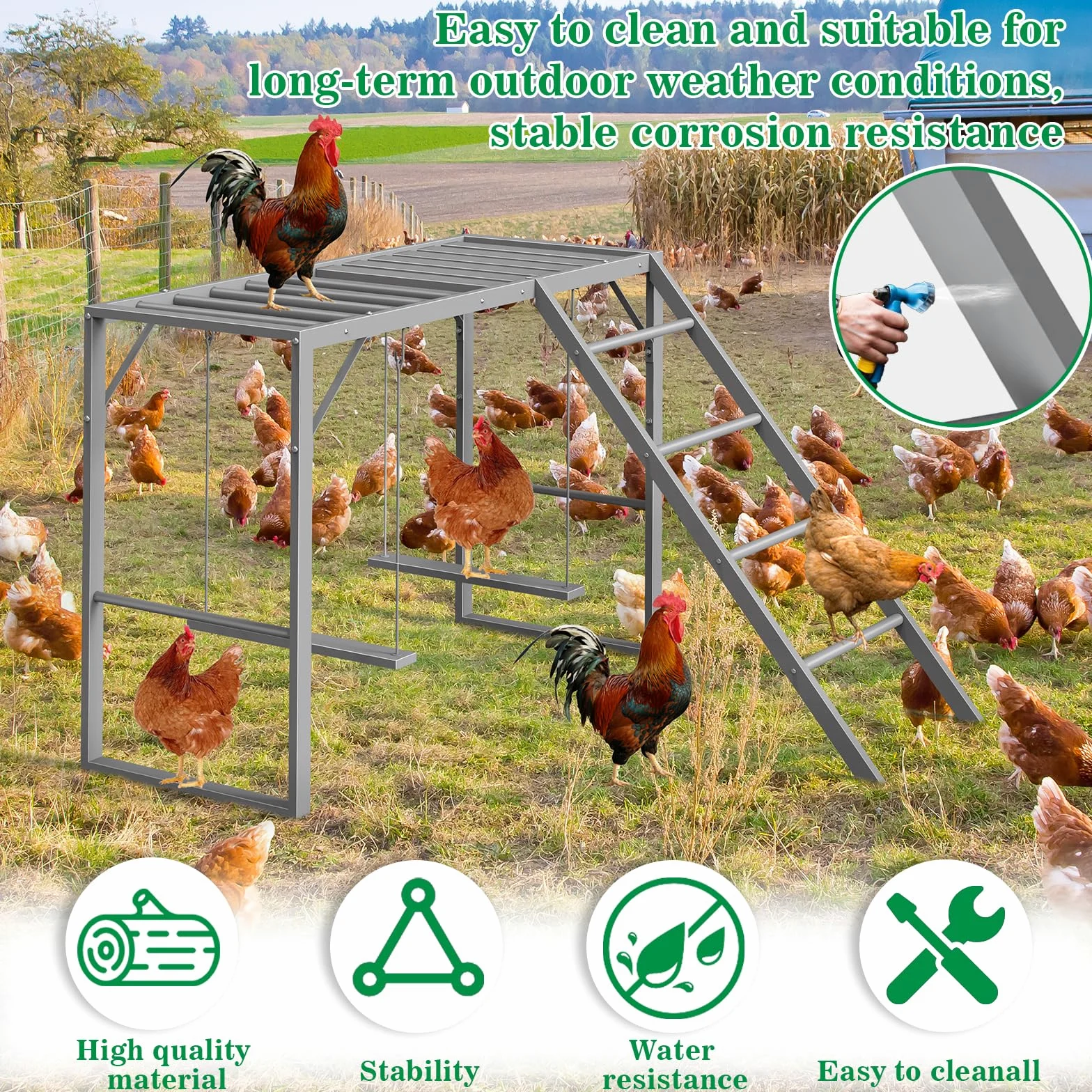 CADUKE Percha de pollo con juegos de columpios para 5-8 pájaros, juguetes de pollo, barras de pollo para accesorios de gallinero, escalera de pollo para la salud y la felicidad de las mascotas, gris