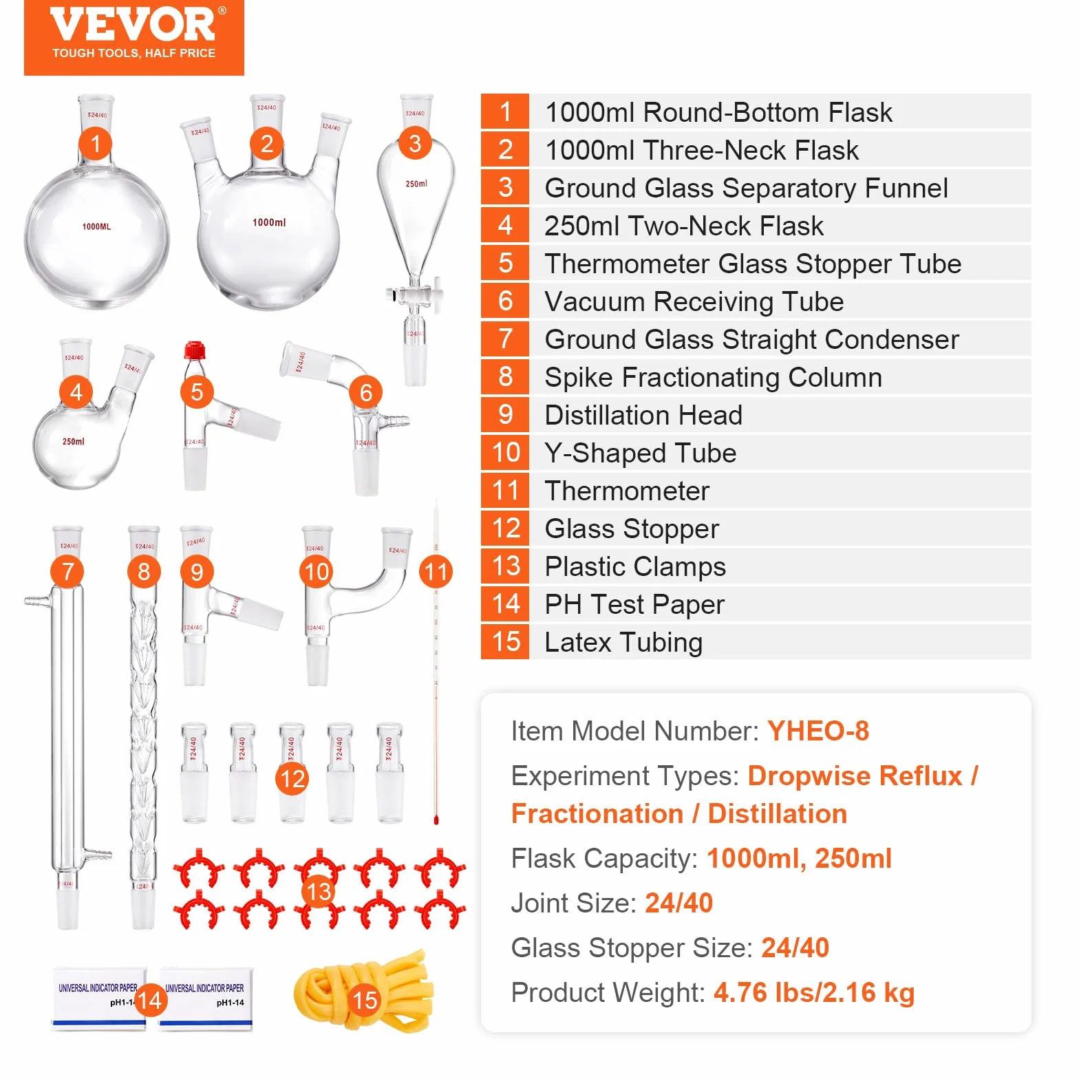 VEVOR Kit de destilación de laboratorio, kit de destilación de vidrio de laboratorio Boro 3.3 con 24 y 40 compuestos, juego de equipos de destilación de aceites esenciales de 1000 ml, 29 piezas