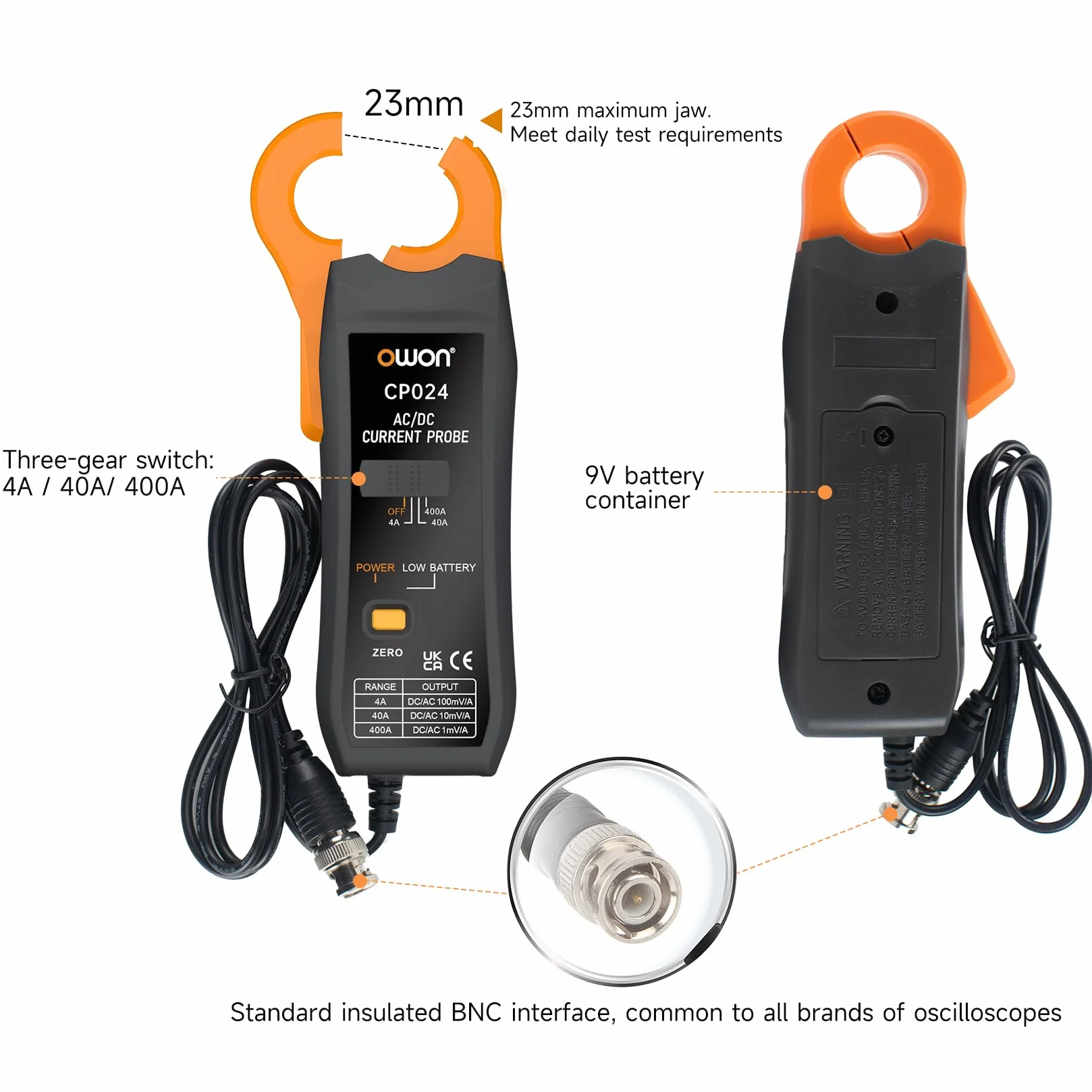 OWON CP024 DC AC Sonda de Corriente para Osciloscopio, Sonda de Abrazadera de Corriente 200 KHz Ancho de Banda 4-400A Rango de Prueba, Probador de Corriente Medidor de Abrazadera con Conector BNC