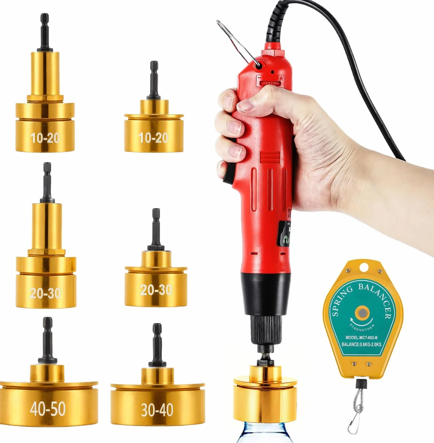 Huanyu Electric Bottle Capper Máquina de tapado portátil Sellador de tapado ajustable de velocidad de 10 mm a 50 mm Máx. 1300 RPM (220 V, tapadora + 6 cabezales de atornillado + extractor)