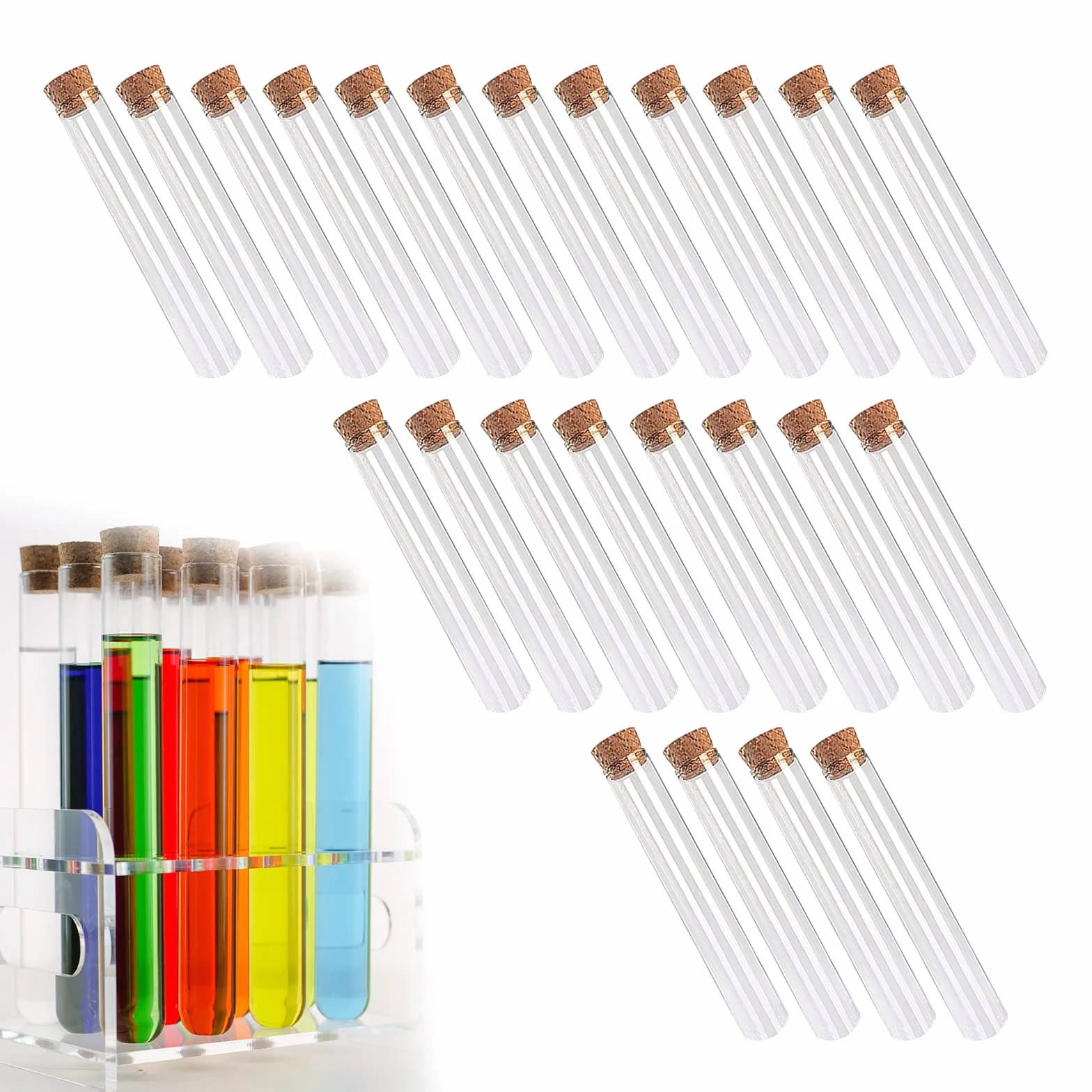 ZoeTekway Juego de 24 tubos de ensayo con tapones de corcho, plástico duro transparente