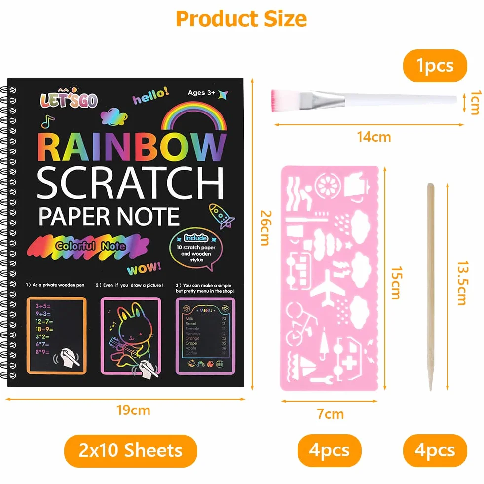 OFFCUP Scratch Art Manualidades Creativas, 2pcs Papel de Rascar para Niños con 4 Plumas de Bambú y 4 Plantilla de Pintura