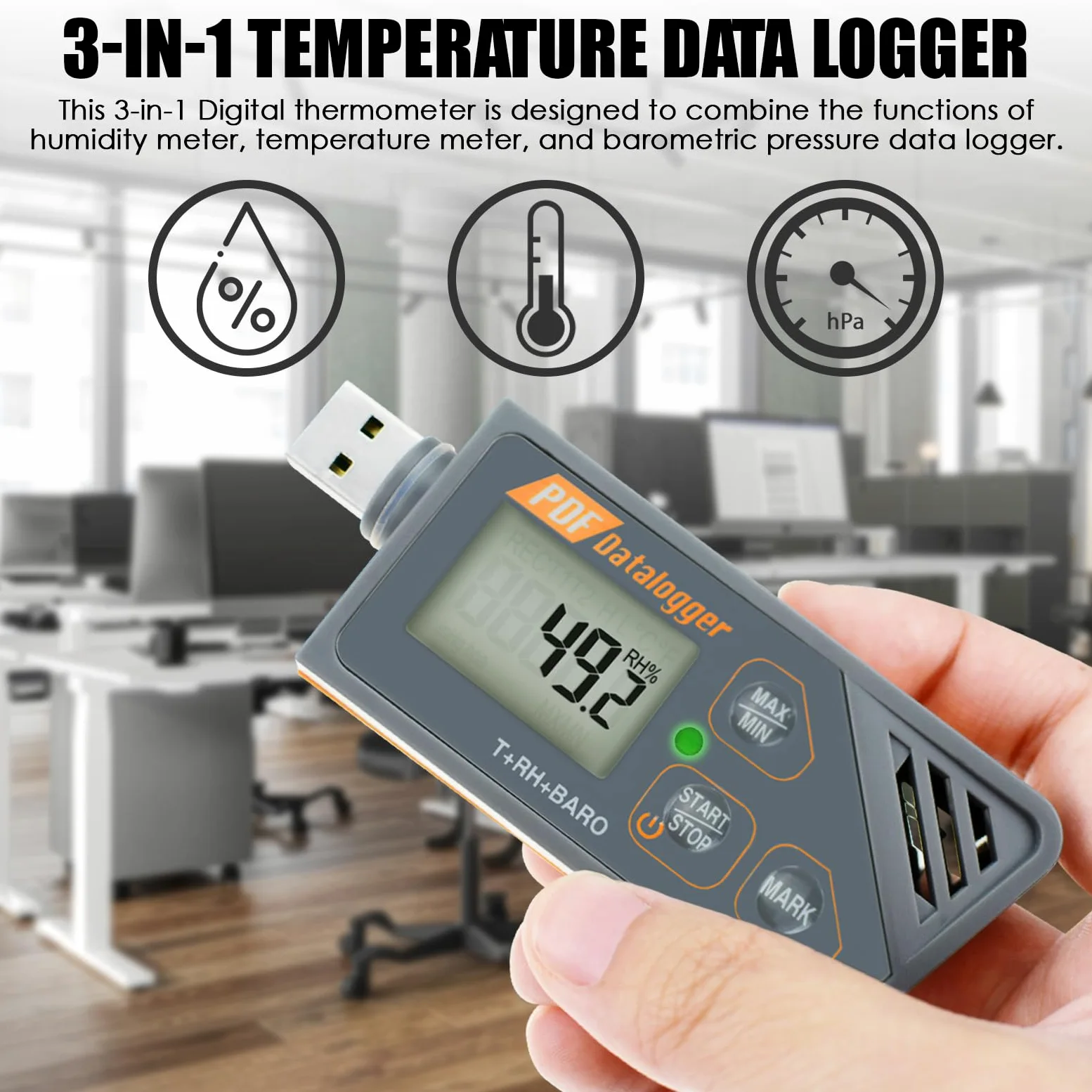 Registrador De Datos USB Digital Humedad/Temperatura/Presión Indicador De Registro De Datos Barométricos, Plug And Play, Generar PDF Y Excel, 6 Idiomas, PHa, InHg, ℉, ℃ Y RH
