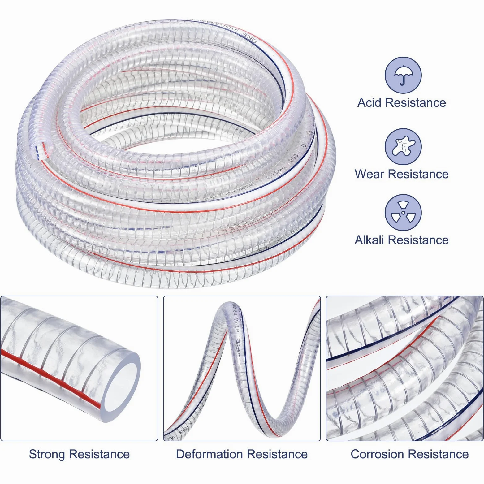 QUARKZMAN 3/4" ID x 25 Pies PVC Tubo Acero Alambre Reforzado Tubo Flexible Vinilo Manguera Tubería Transparente Succión Productos químicos Resistente Grueso Tubo