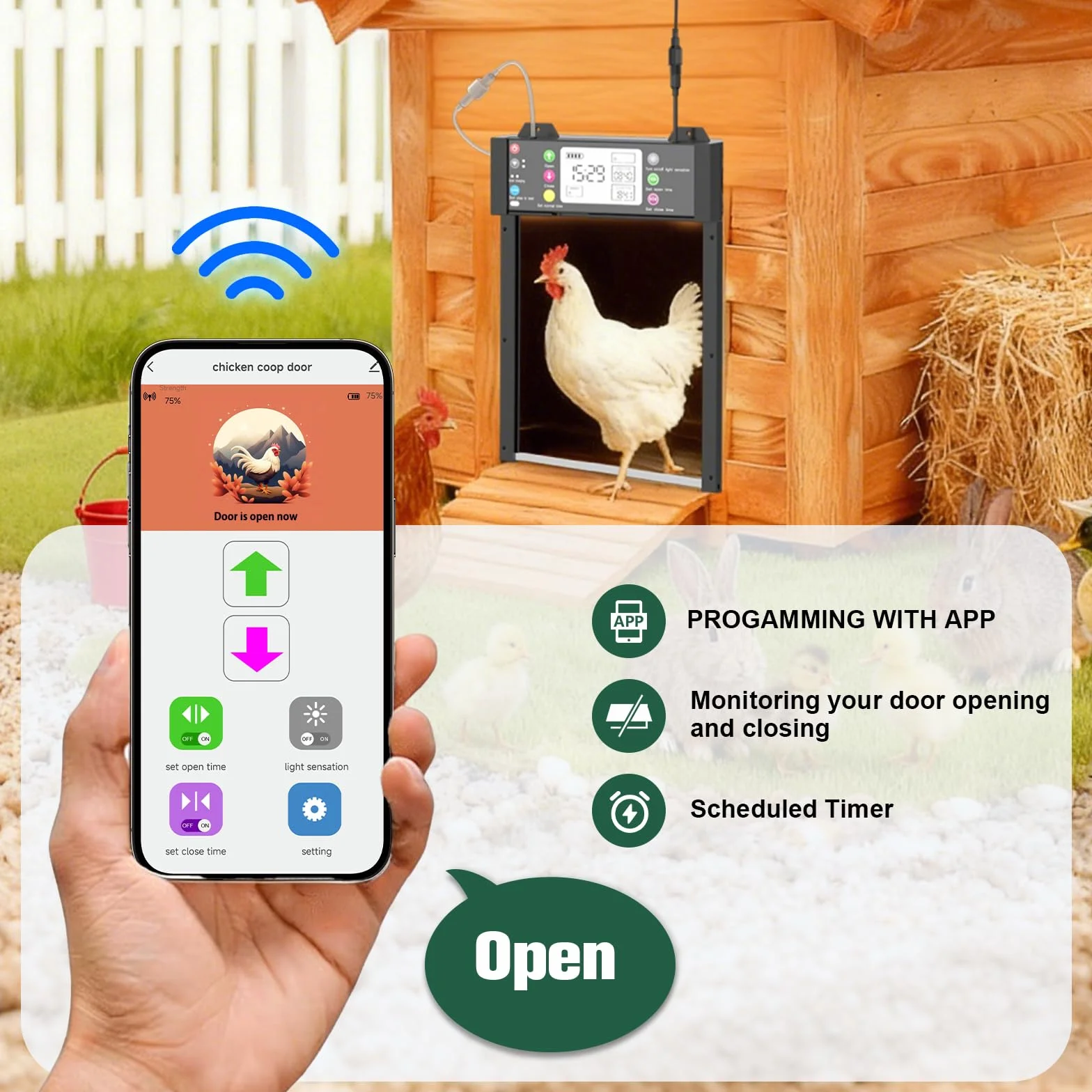 Puerta de pollo automática – Puerta eléctrica para pollos con WiFi y aplicación Tuya, estado en tiempo real, puerta automática de pollo con sensor de luz y temporizador, protección contra atascos