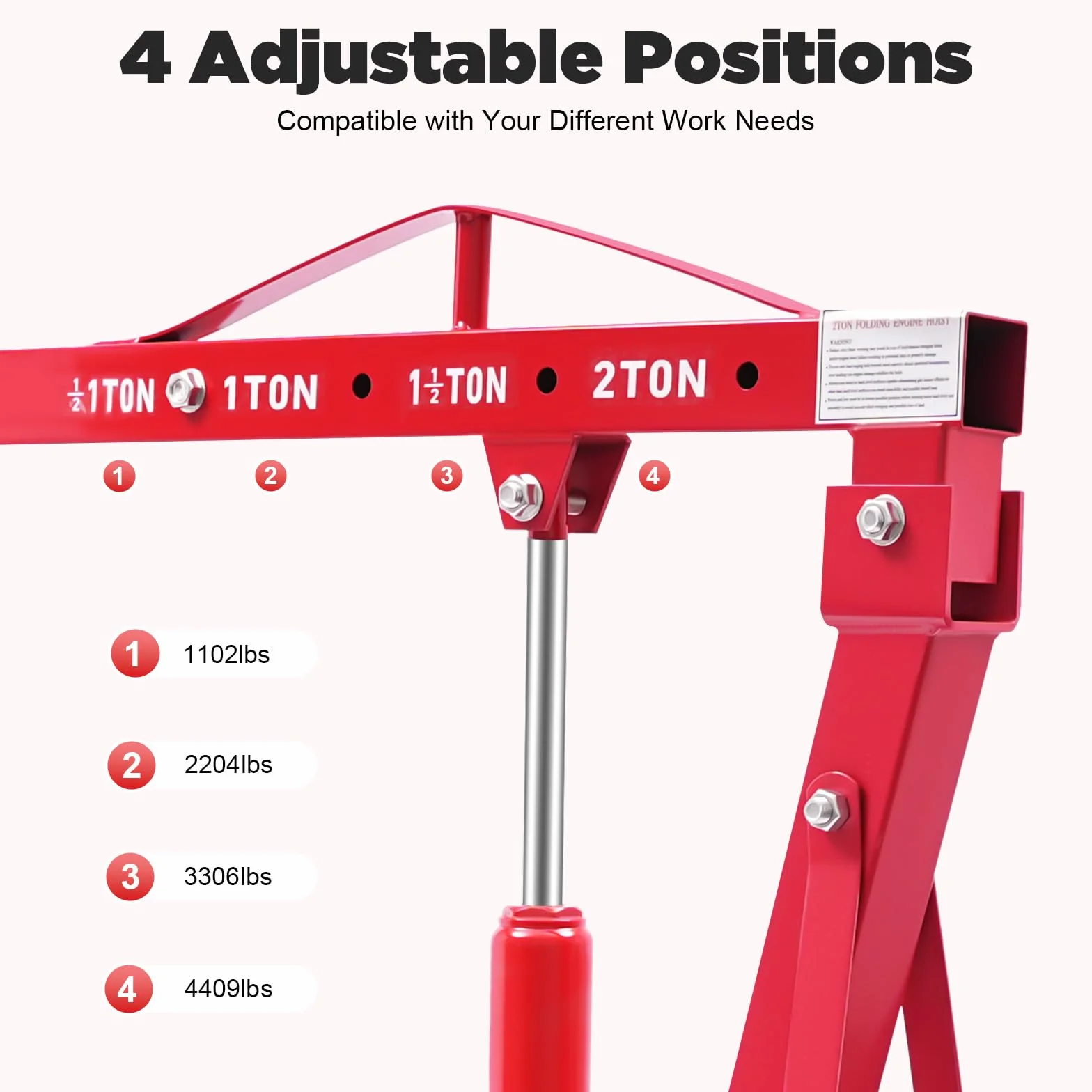 Grúa Hidráulica Plegable 2 T con Nivelador de Motor, Elevador Taller Mecánico 4 Posiciones Ajustables Ruedas para Coches Motores Transmisiones