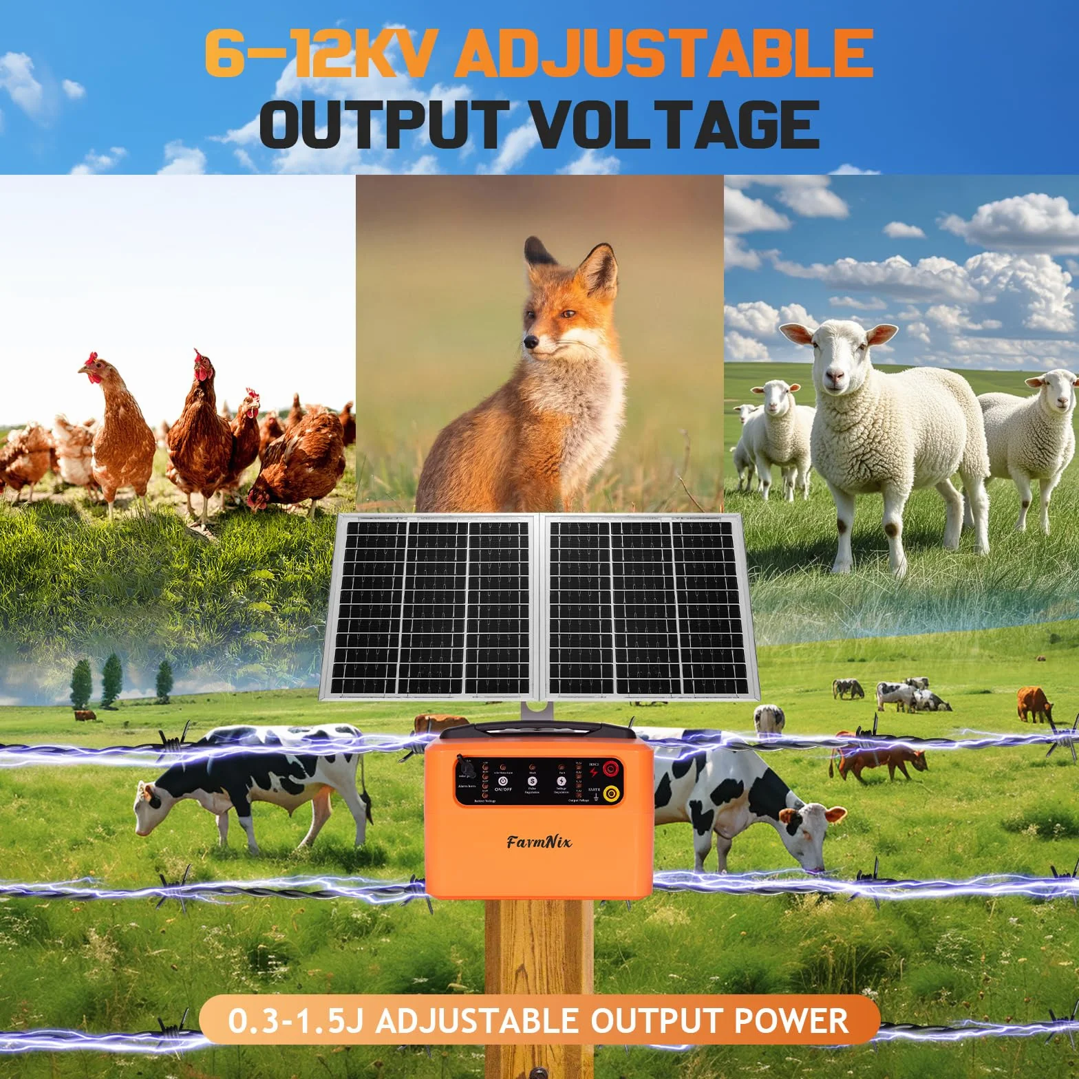 12 V Solar Pastor Electrico, 0.3-1.5J, 6KV-12KV cerca eléctrica Controlador de 48KM, con batería de 12 V 7Ah y Panel Solar de 15W, para Cría de Animales Pastores, para Granja Pastar Jardín