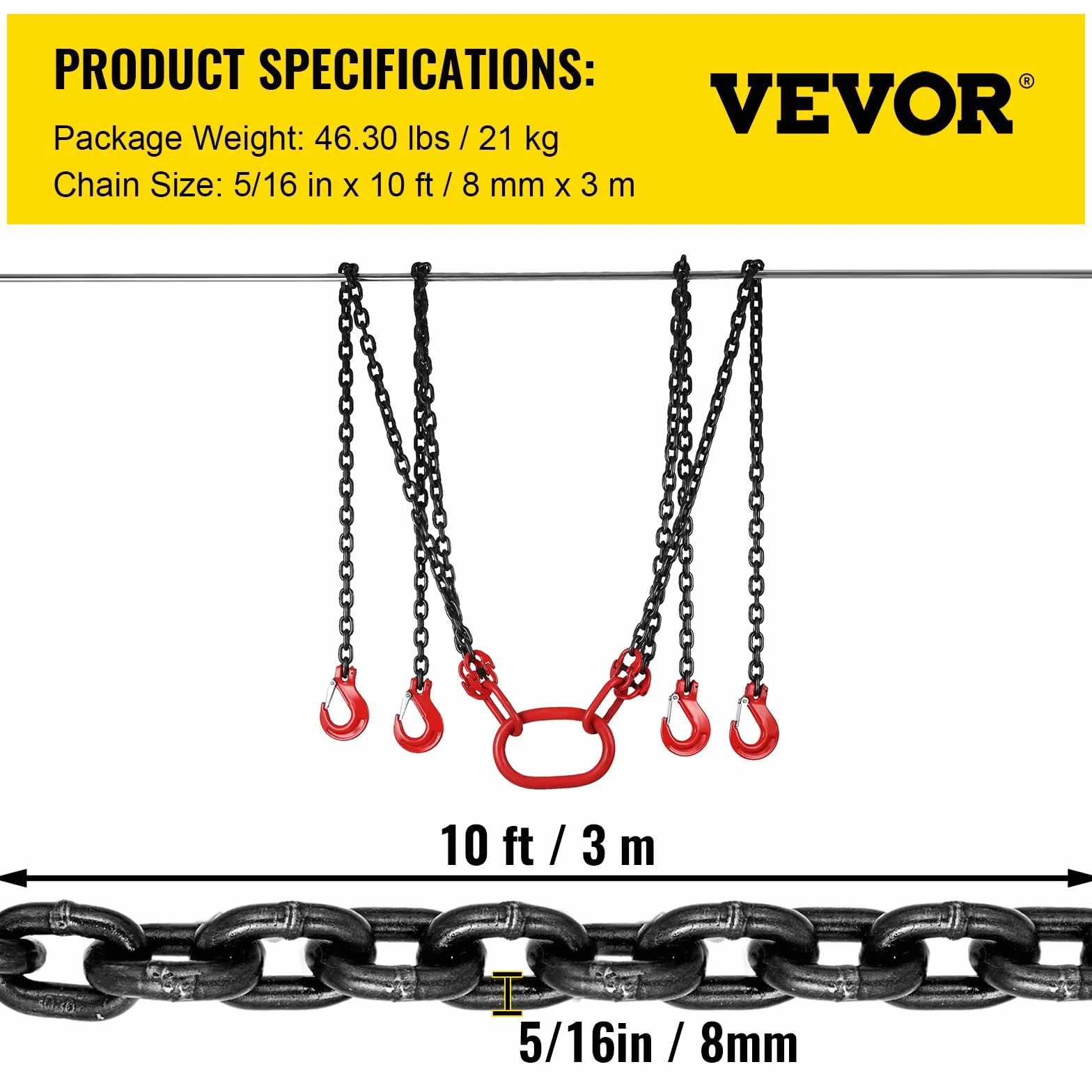 VEVOR Cadenas de Elevación de 4 Patas G80 Acero Aleado 3 m 8 mm 5 t