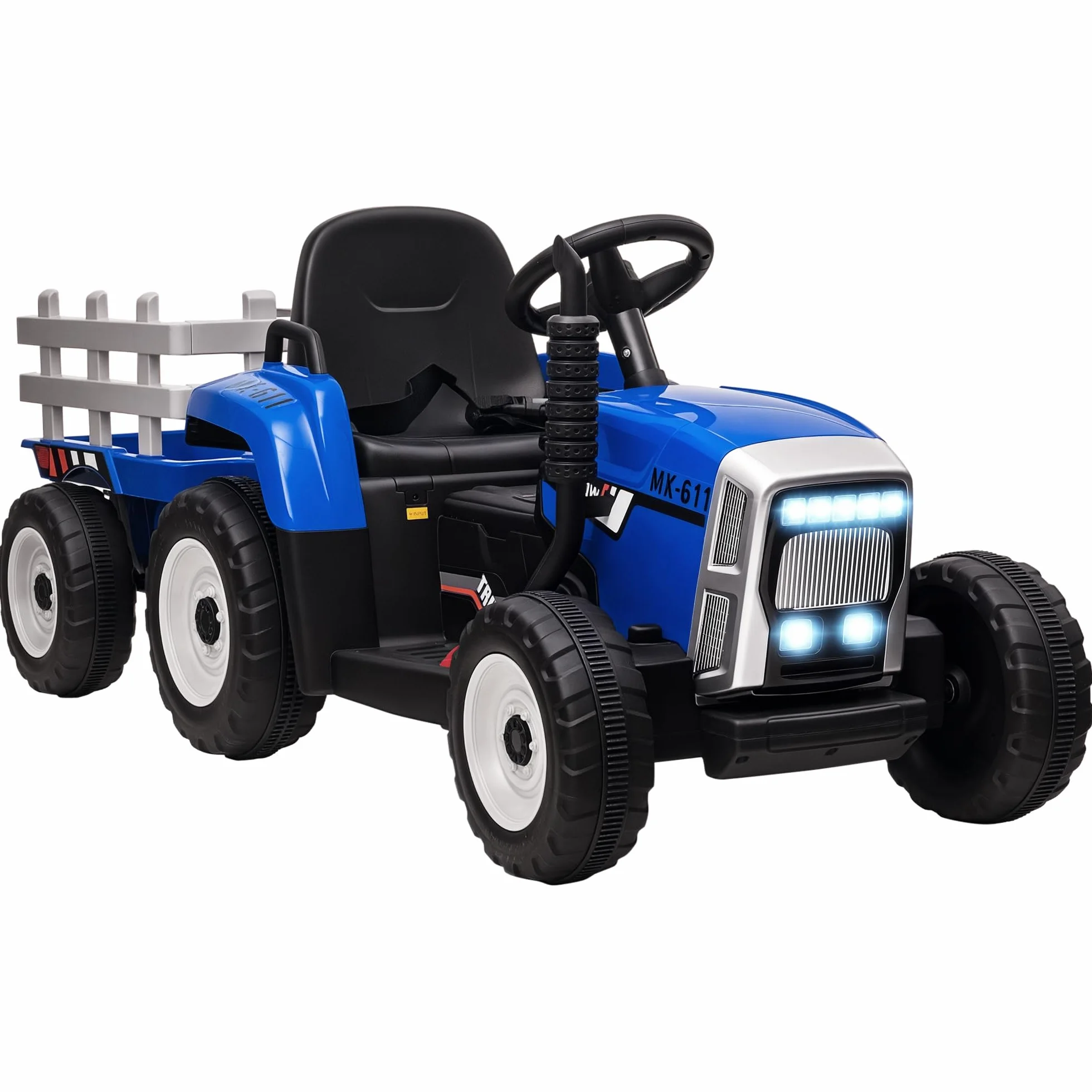 HOMCOM Tractor Eléctrico con Remolque Desmontable para Niños 3-6 Años Control Remoto Música MP3 Luces 136,5x50x52,5 cm Azul