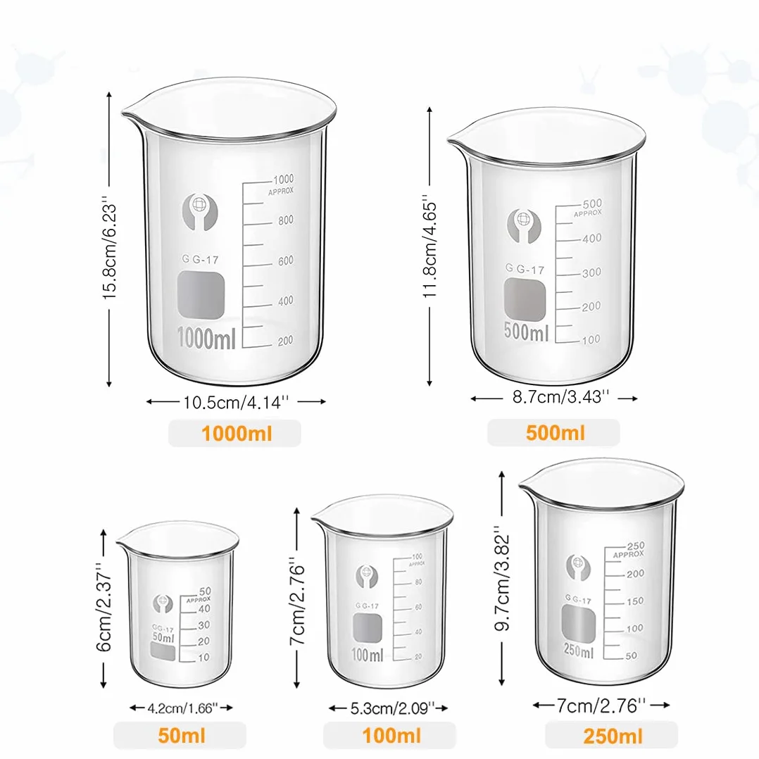 Set de Vasos de Precipitados de Cristal 50ml 100ml 250ml 500ml 1000ml Cilindro Graduado Laboratorio 10ml 25ml 50ml 100ml con Goteros Varillas Agitar Cepillos Limpieza