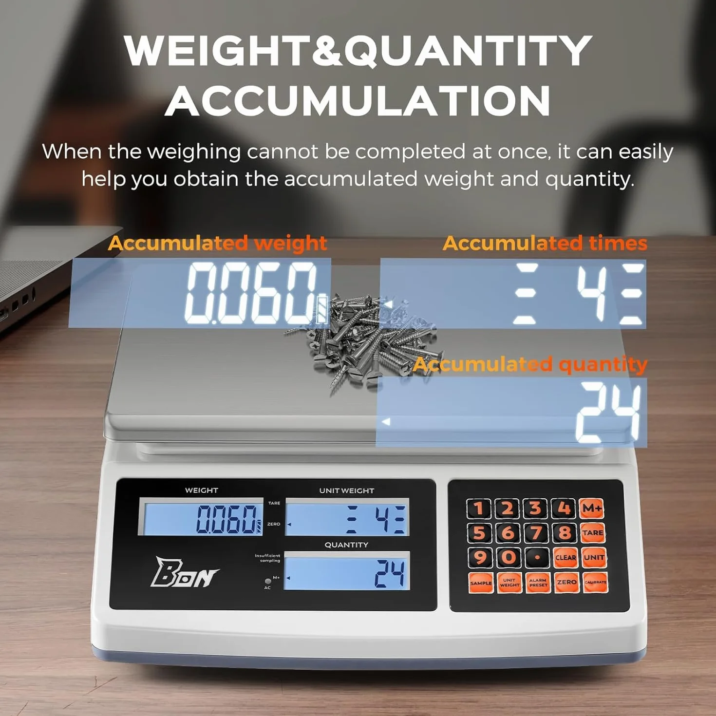Bonvoisin 30kg x 0.1g Balanza Cuentapiezas Industrial, Conversión g/kg/lb, Exportación RS232, Alimentación CA/Batería, Plataforma Acero Inoxidable, Pantalla LCD, para Monedas, Piezas, Joyería