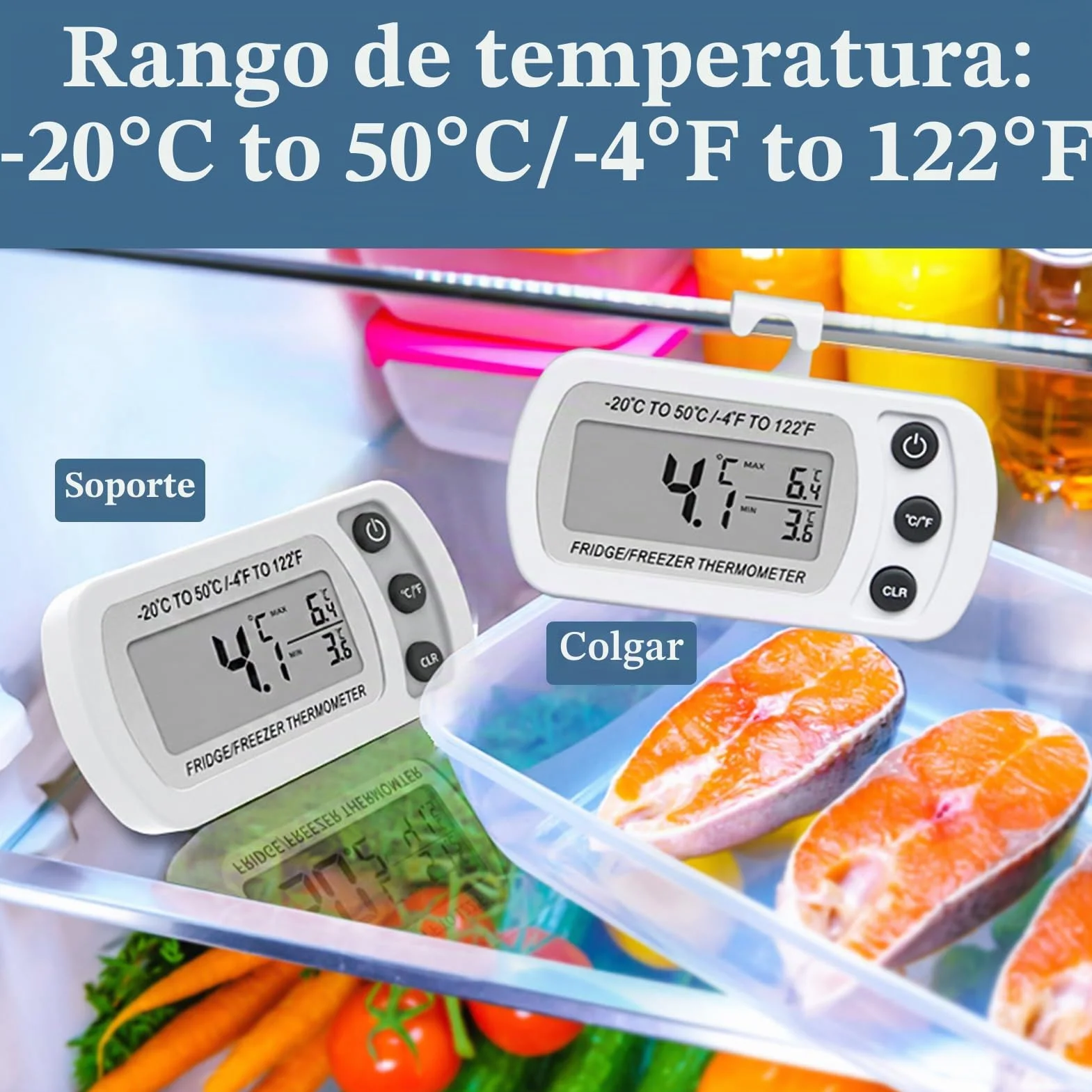 Termómetro Frigorífico Digital para Nevera y Congelador, Pantalla LCD Grande Impermeable, Memoria Máx/Mín, 2 Piezas