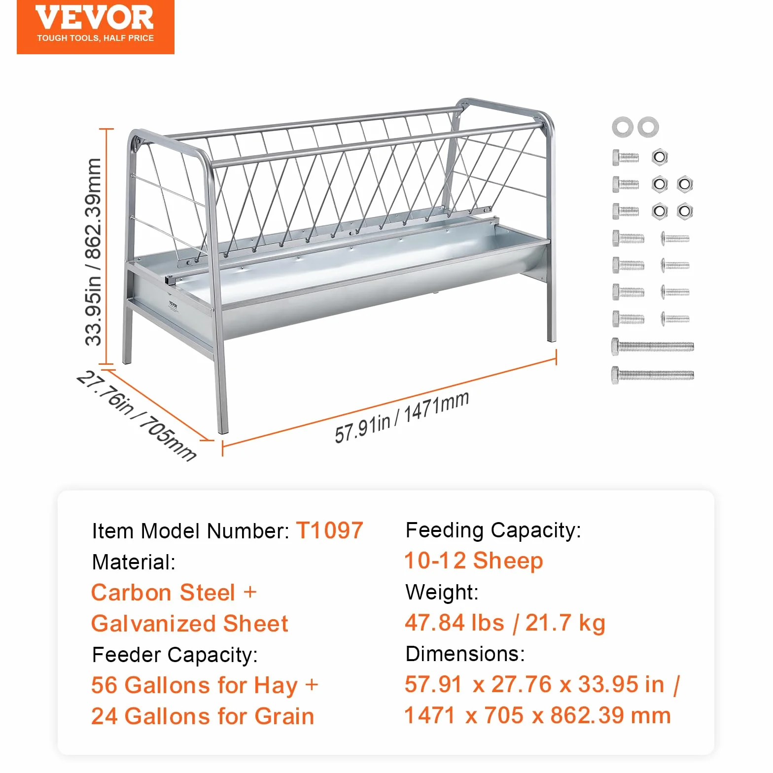 VEVOR Comedero de heno 2 en 1 para ganado, capacidad de 80 galones, alimentador de heno para cabras de 59 pulgadas de largo con bandeja de alimentación más profunda, acero resistente para cobertizos