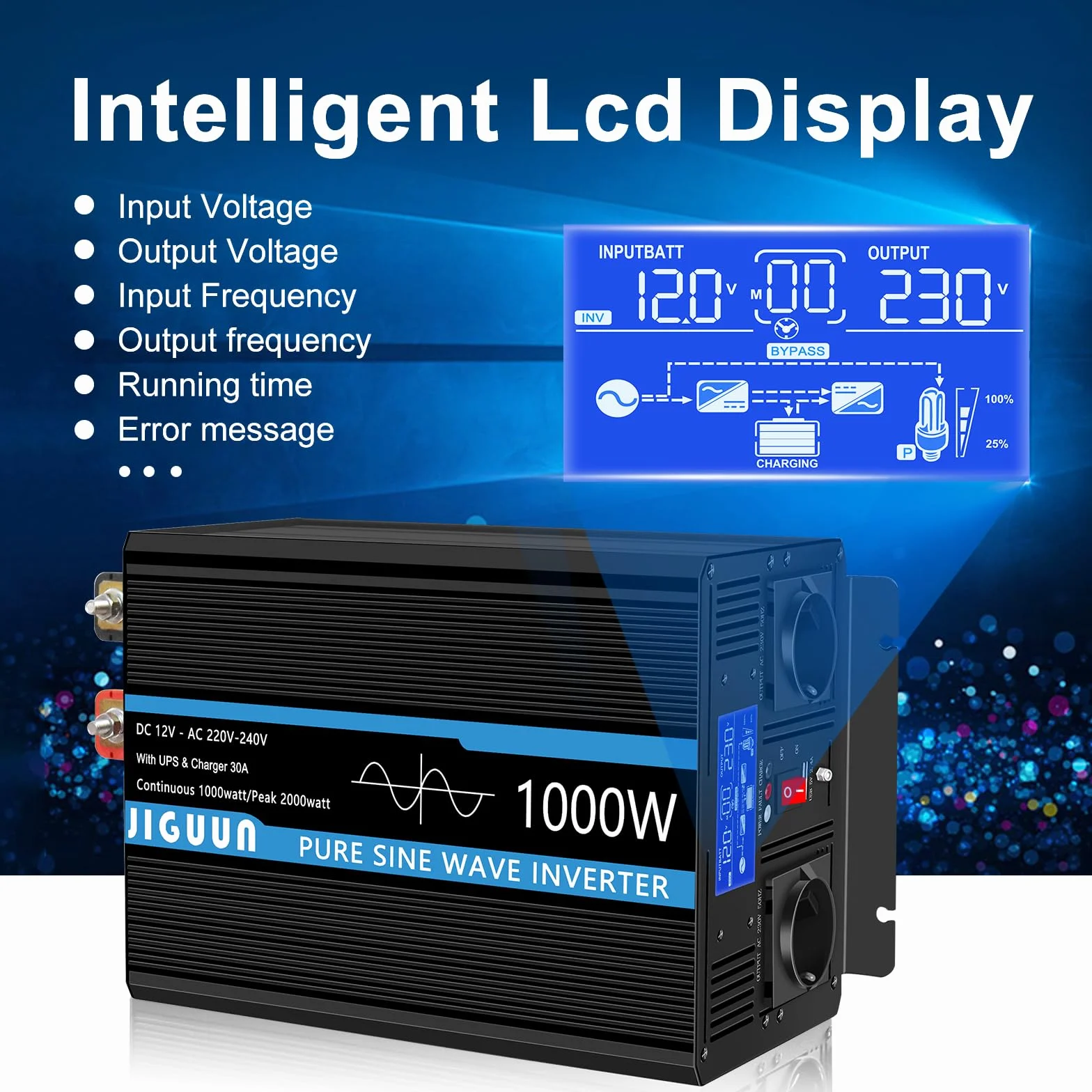 JIGUUN 1000W Inversor 12V 220V Onda Pura Inverter con Cargador 30A y Circuito Prioritario de Red y SAI，2 Tomas UE, Mando a Distancia Inalámbrico y Pantalla LCD Potencia Pico 2000W