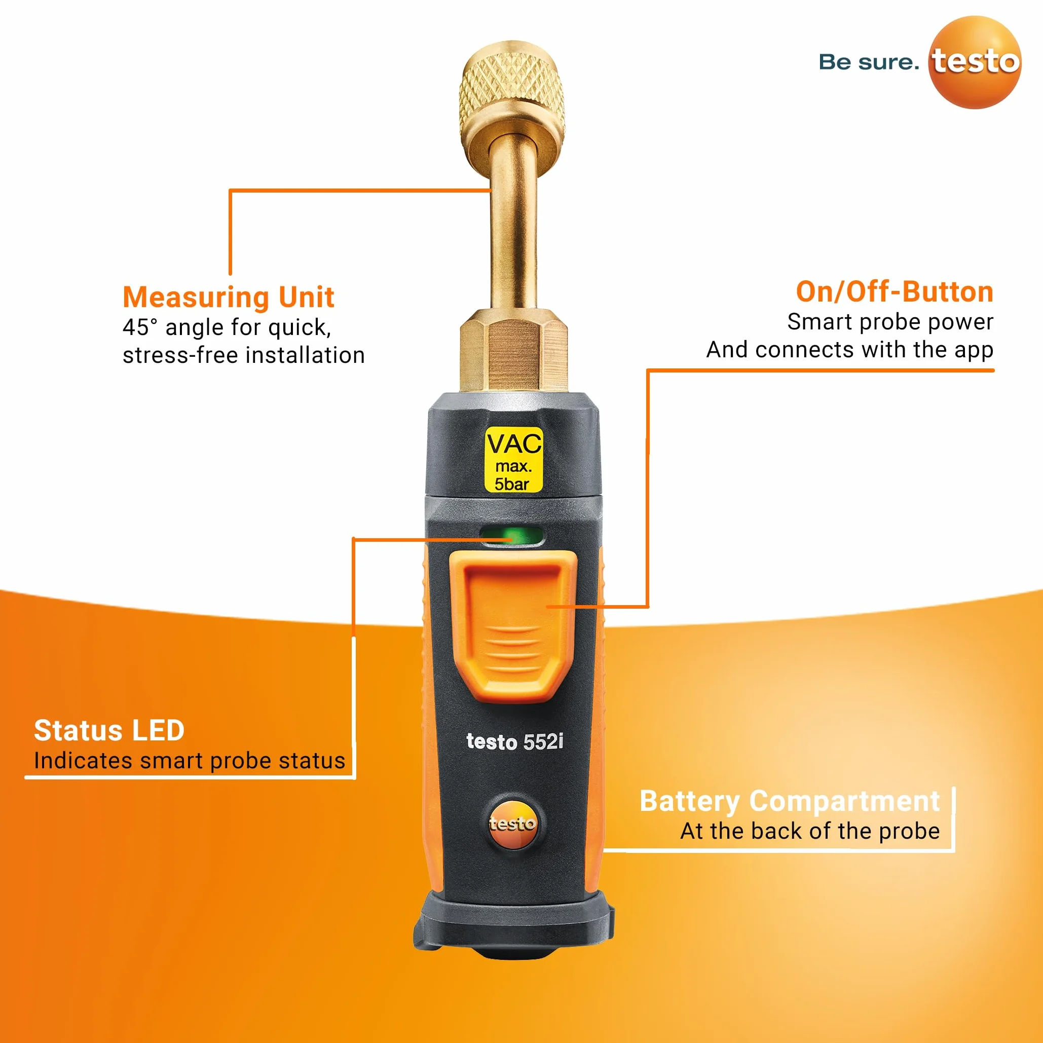 testo Sonda de vacío inalámbrica controlada por aplicación 552i para sistemas HVAC – con Bluetooth