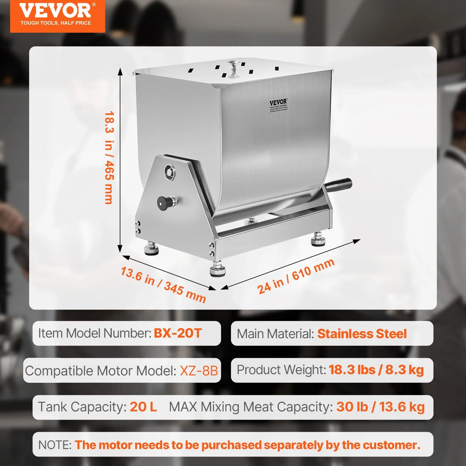 VEVOR Mezcladora de Carne Manual Tanque Basculante Equipo de Procesamiento de Carne Mezcla Máxima de 13,6 kg Mezcladora de Salchichas de Acero Inoxidable con Tapa, Manija, Reductor de Engranajes