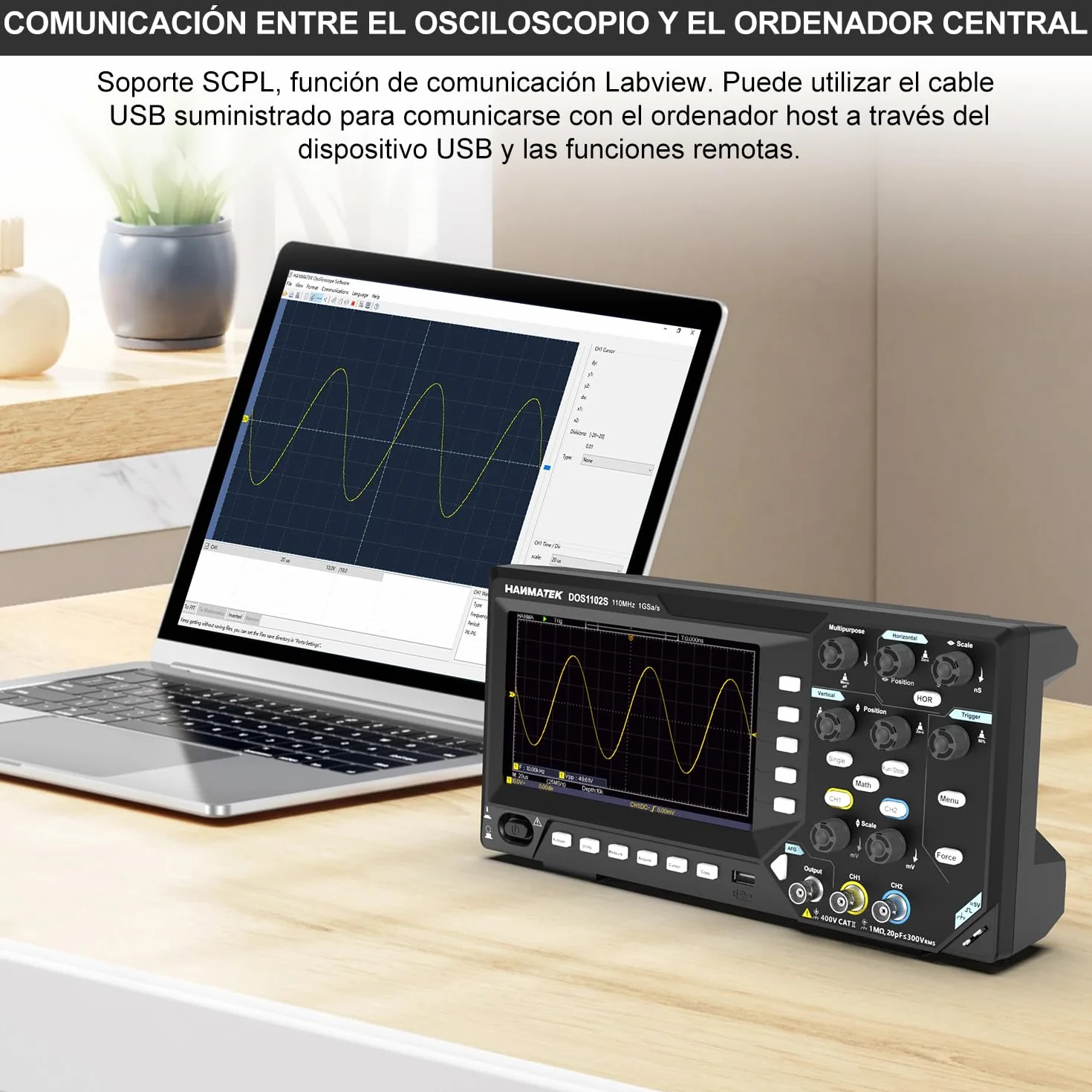 HANMATEK 2 en 1 Osciloscopio Digital Generador de señal DDS DOS1102S con Ancho de Banda de 110 mhz, 2 Canales y Pantalla TFT-LCD, Frecuencia de Muestreo de 500 MS/s *2