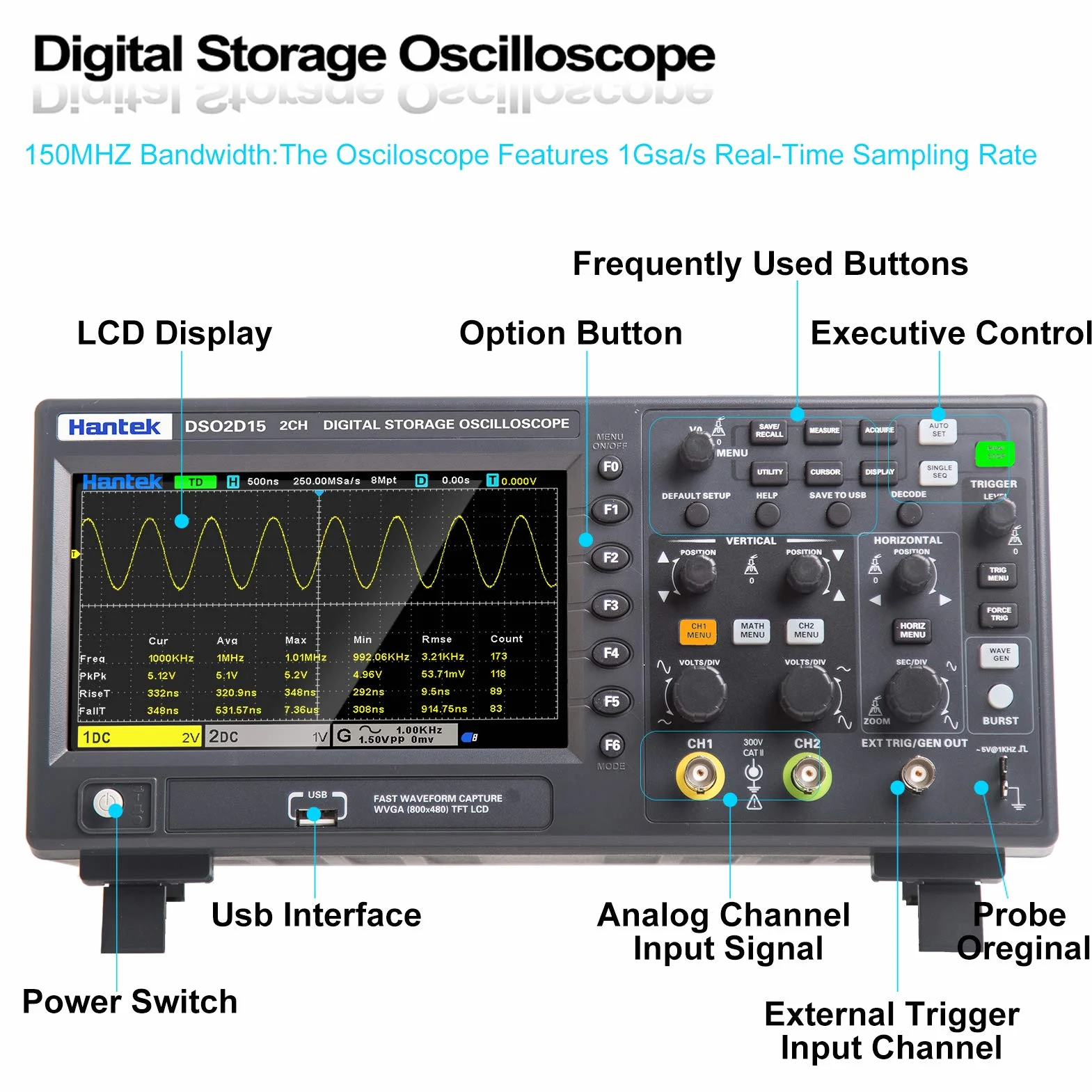 Hantek DSO2D15 Digital Osciloscopio 2 canales 1GSa/S Almacenamiento Osciloscopio 150 MHZ Banda ancha Mano