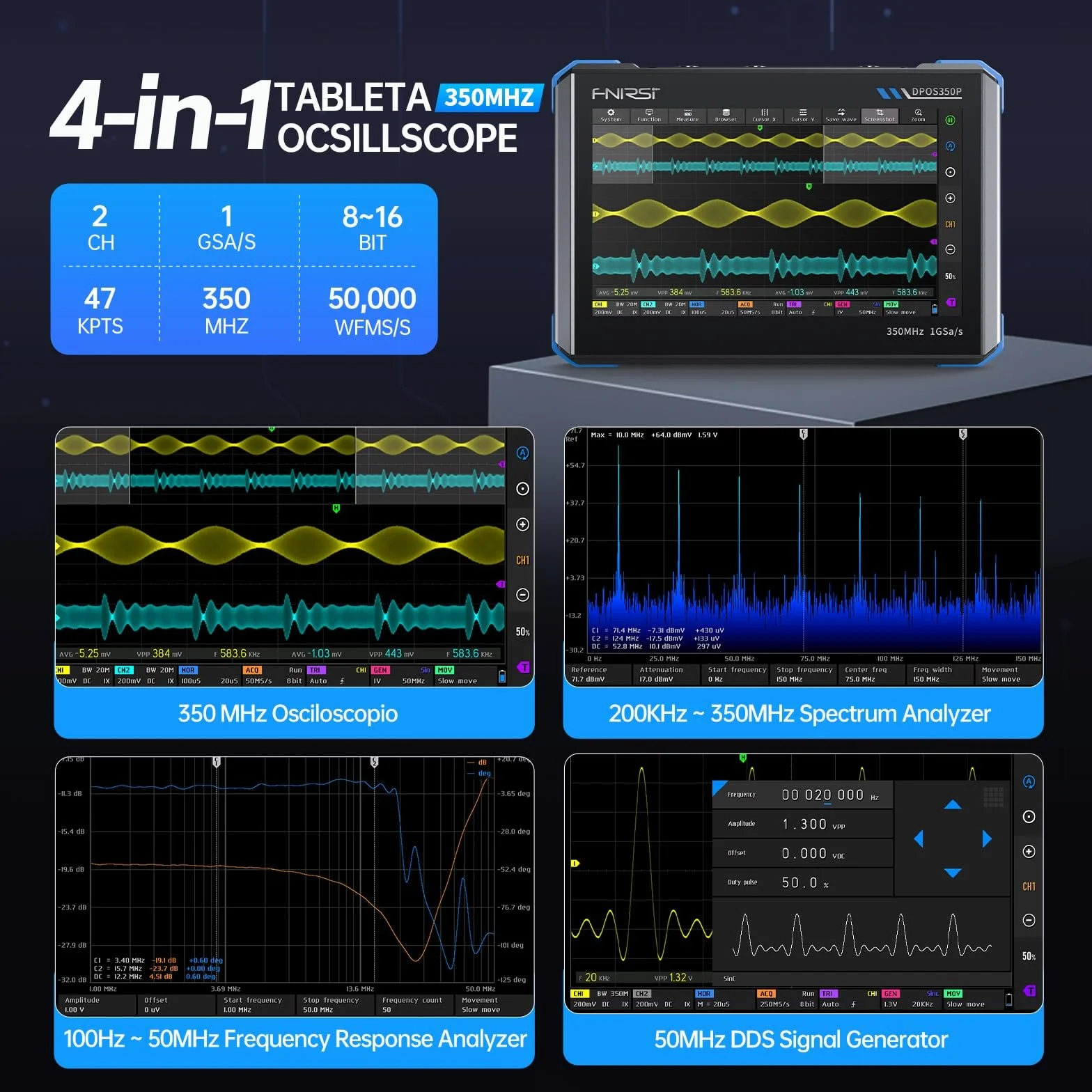 FNIRSI DPOS350P Osciloscopio de Tableta 4 en 1 de 350 MHz, Analizador de Espectro de 200 KHz~350 MHz, Analizador de Respuesta de Frecuencia y Generador DDS, Osciloscopio Portátil de 2CH y 1 GSa/s